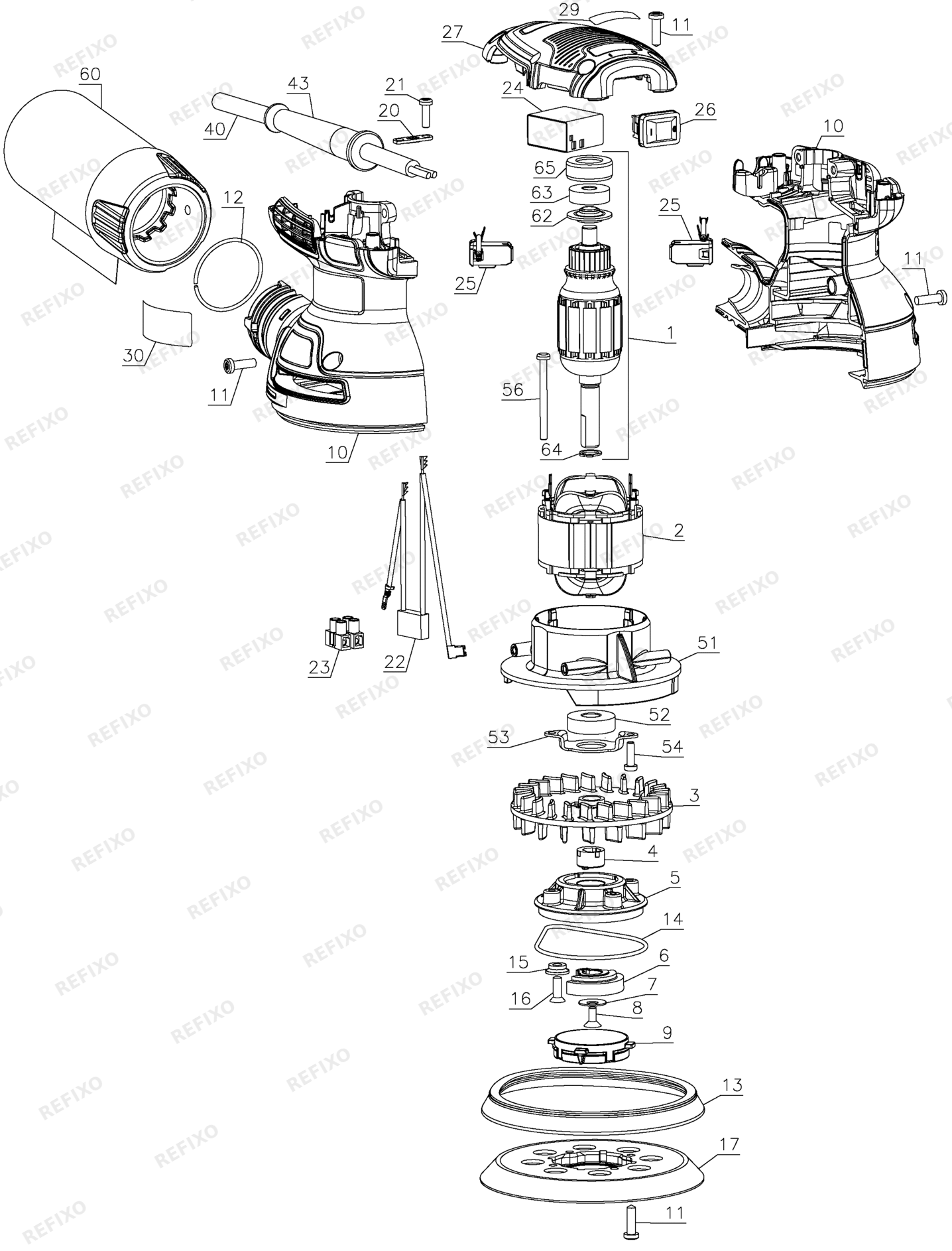 Деталировка DeWalt DWE6423-QS TYPE 1 EKZENTERSCHLEIFER DWE6423-QS DWE6423 — схема запчастей в разборе