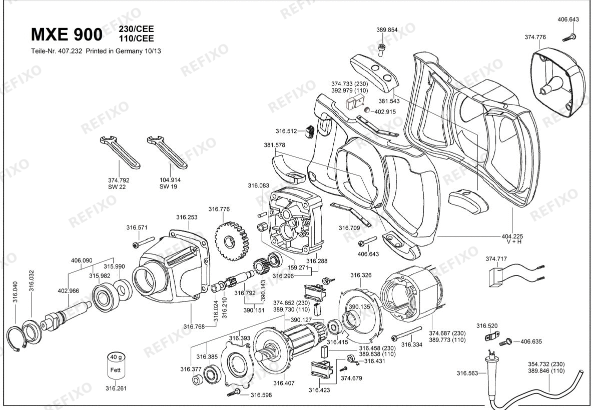 Деталировка Flex MXE 900 230CEE — схема запчастей в разборе