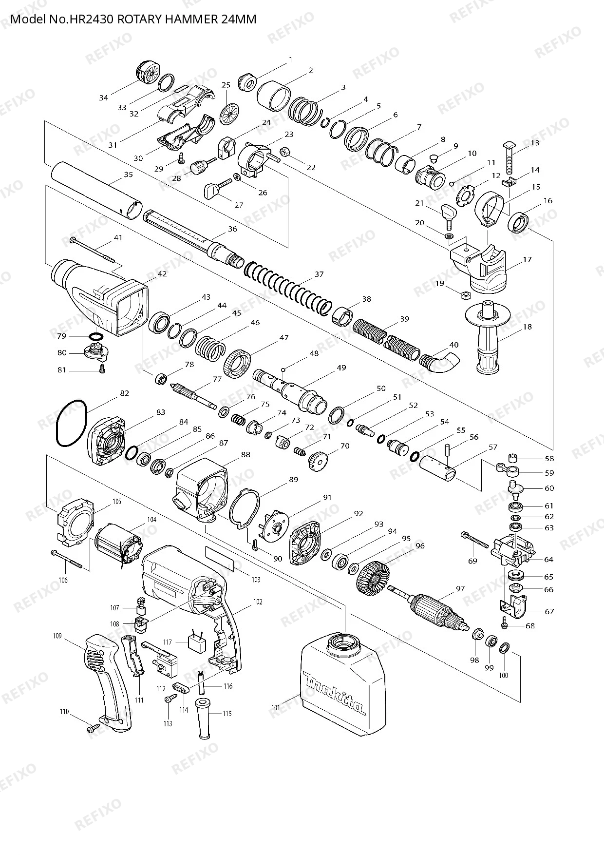 Деталировка MAKITA HR2430 — схема запчастей в разборе