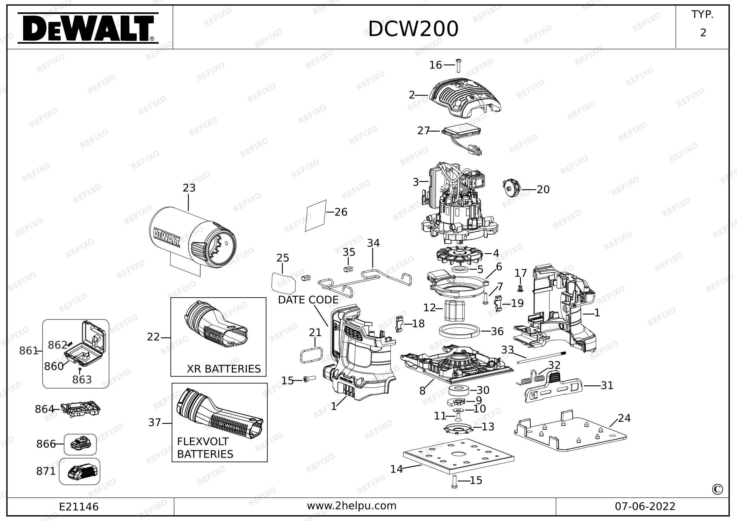 Деталировка DeWalt ЭКСЦЕНТРИКОВАЯ ПЛОСКОШЛИФОВАЛЬНАЯ МАШИНКА DCW200 — схема запчастей в разборе