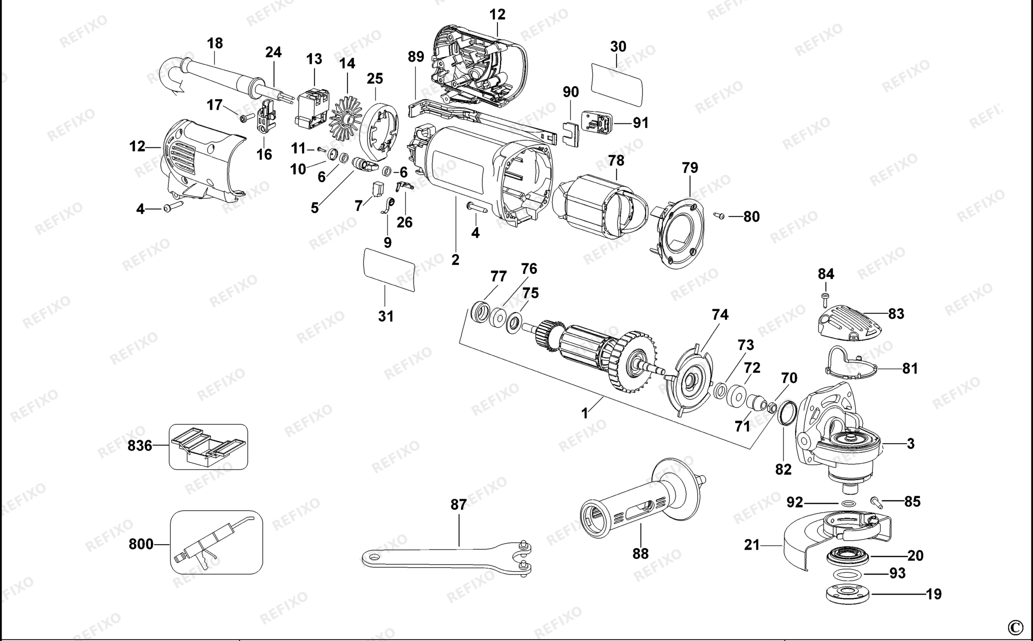 Деталировка DeWalt D28141-QS TYPE 1 SMALL ANGLE GRINDER D28141-QS D28141 — схема запчастей в разборе