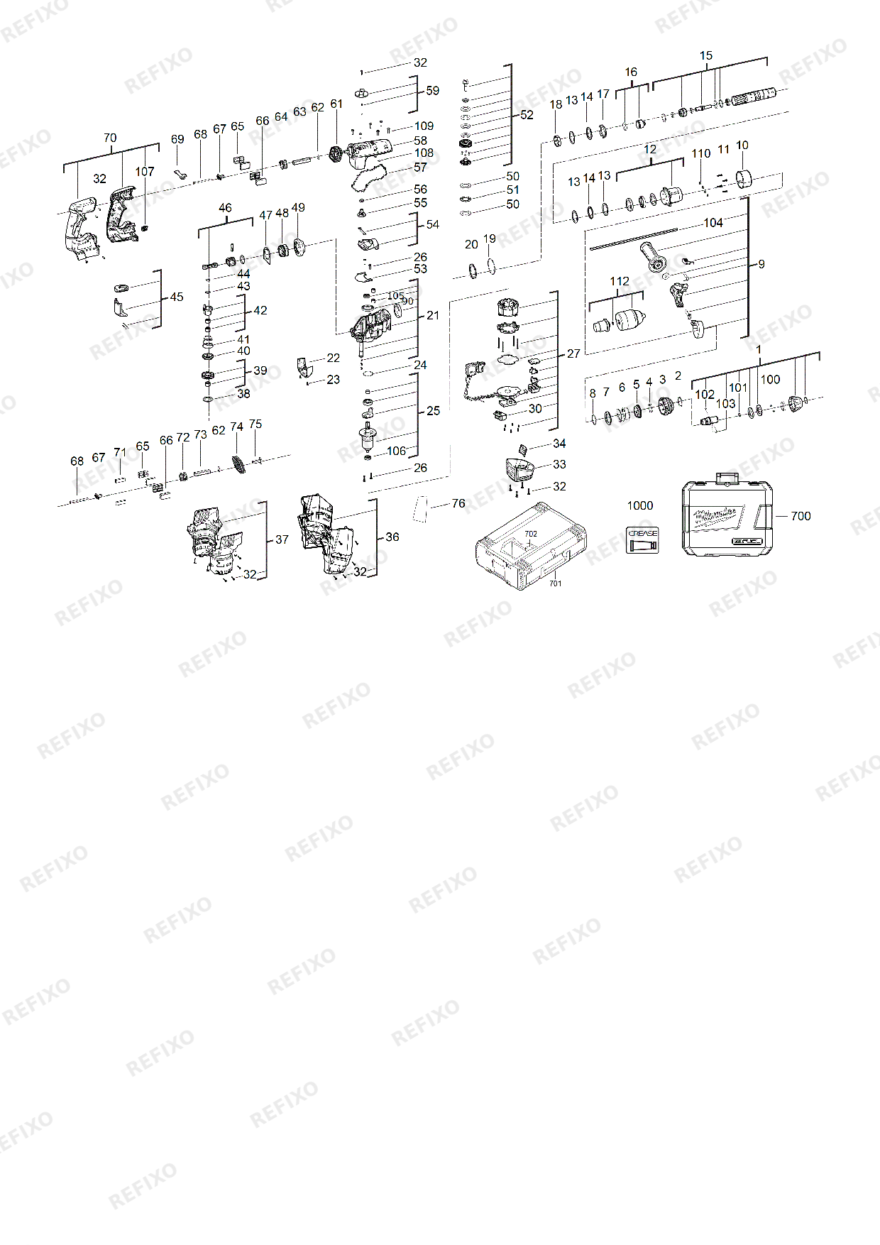 Деталировка MILWAUKEE M18CHPX 0 4933446830 4000452076 — схема запчастей в разборе