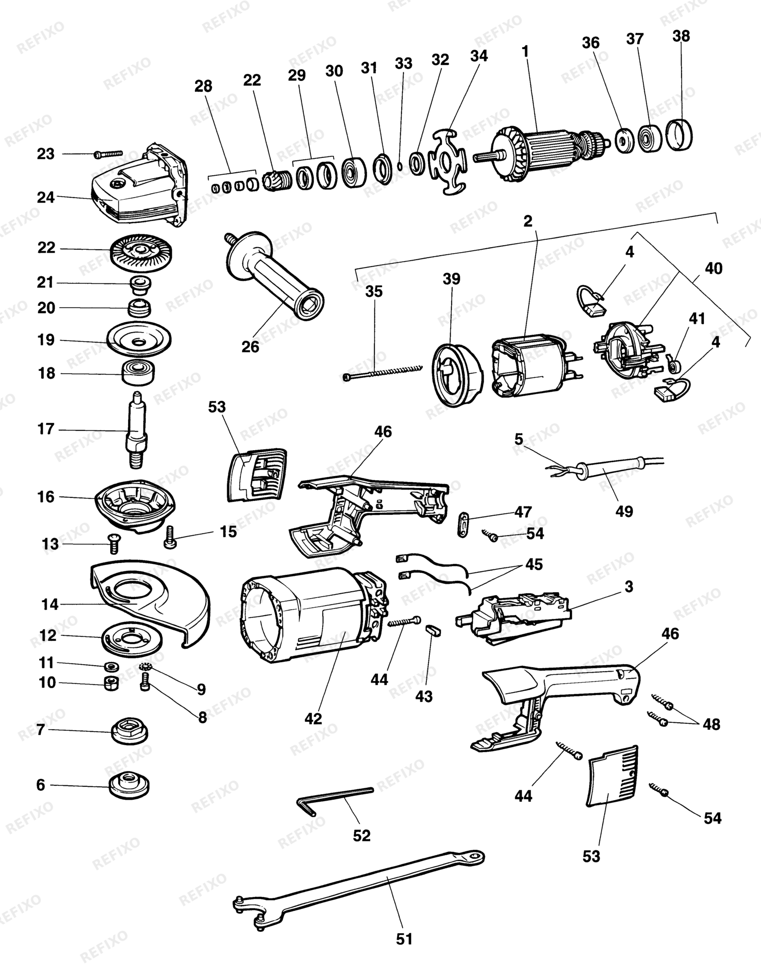 Деталировка DeWalt DW475-XJ TYPE 1 угловая шлифмашина DW475-XJ DW475 — схема запчастей в разборе