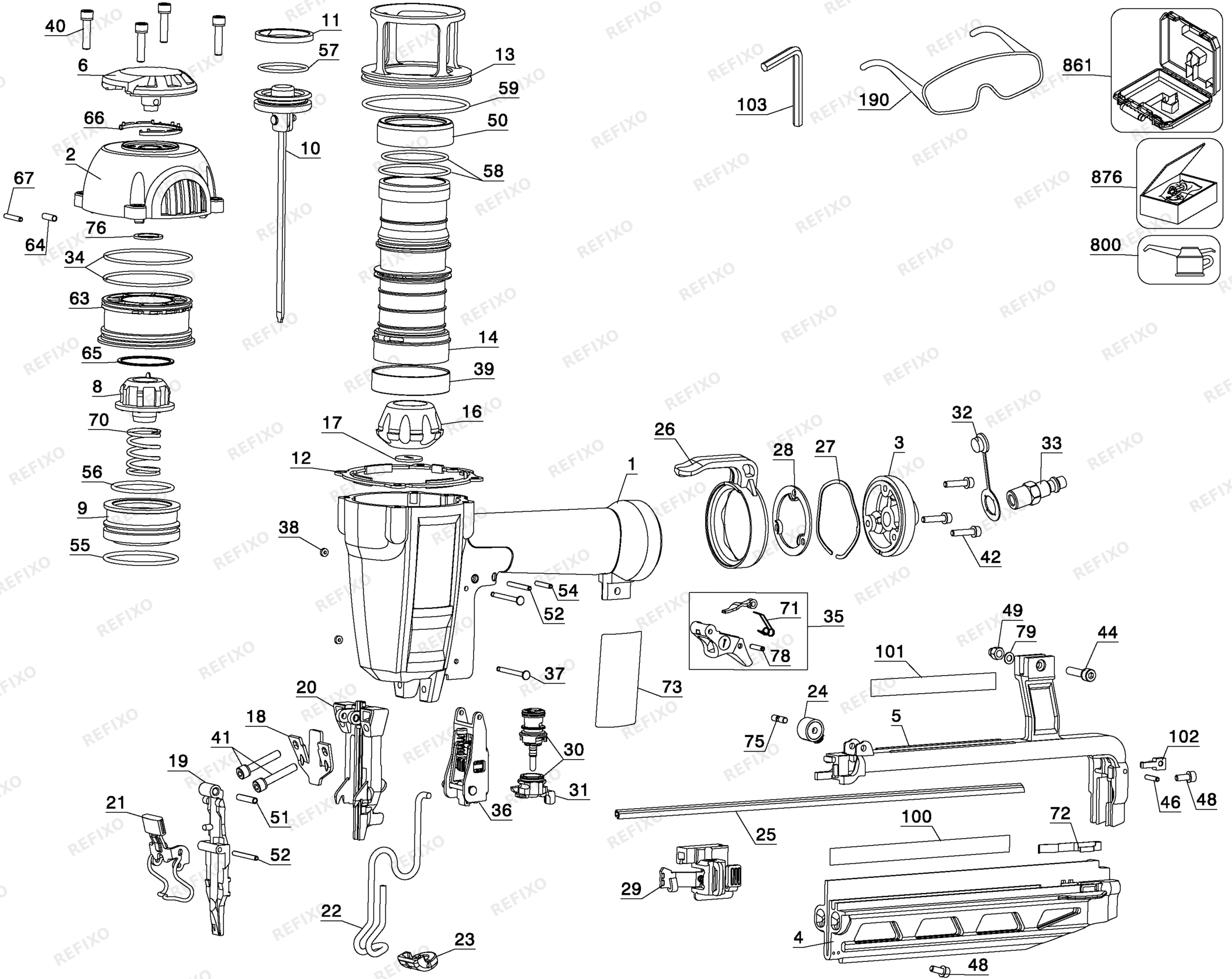 Деталировка DeWalt D51257K-XJ TYPE 2 63 mm Stift - Nagler D51257K-XJ D51257K — схема запчастей в разборе