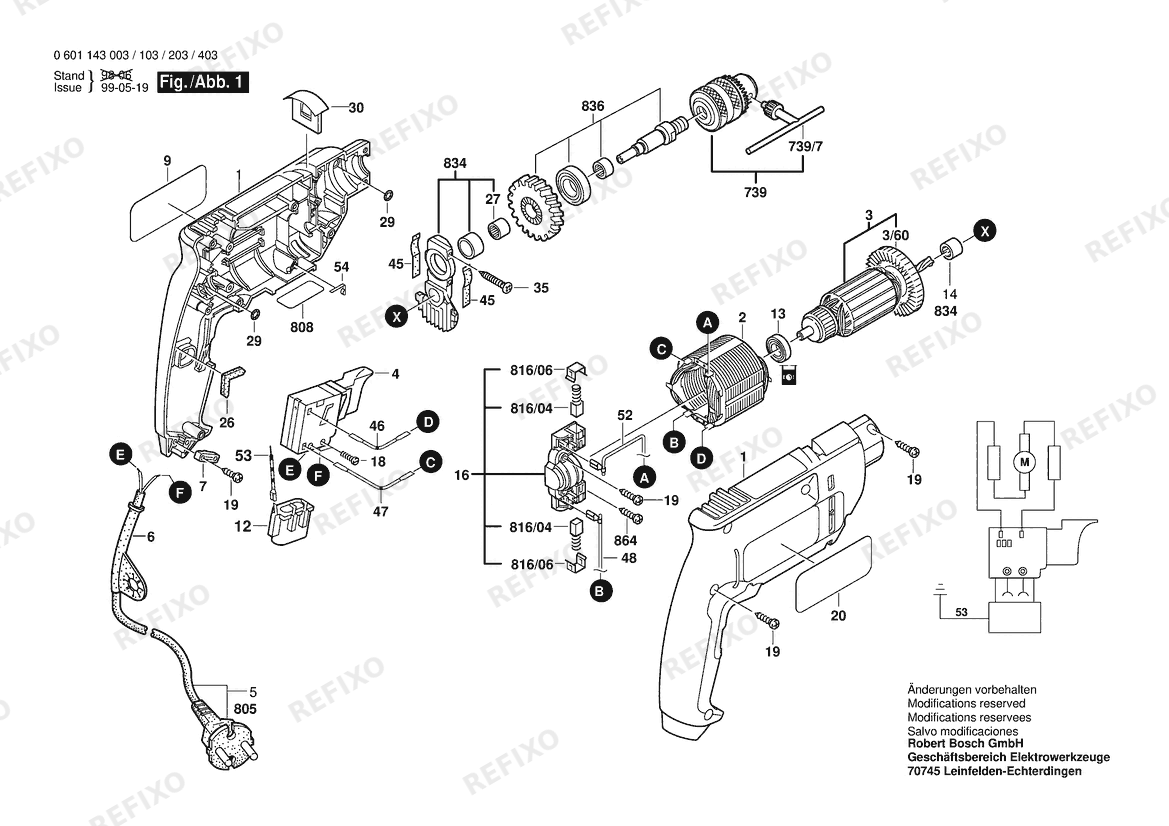 Деталировка Bosch Дрель GBM 500-2 | 230 V | 009 - CN (0 601 143 443) — схема запчастей в разборе