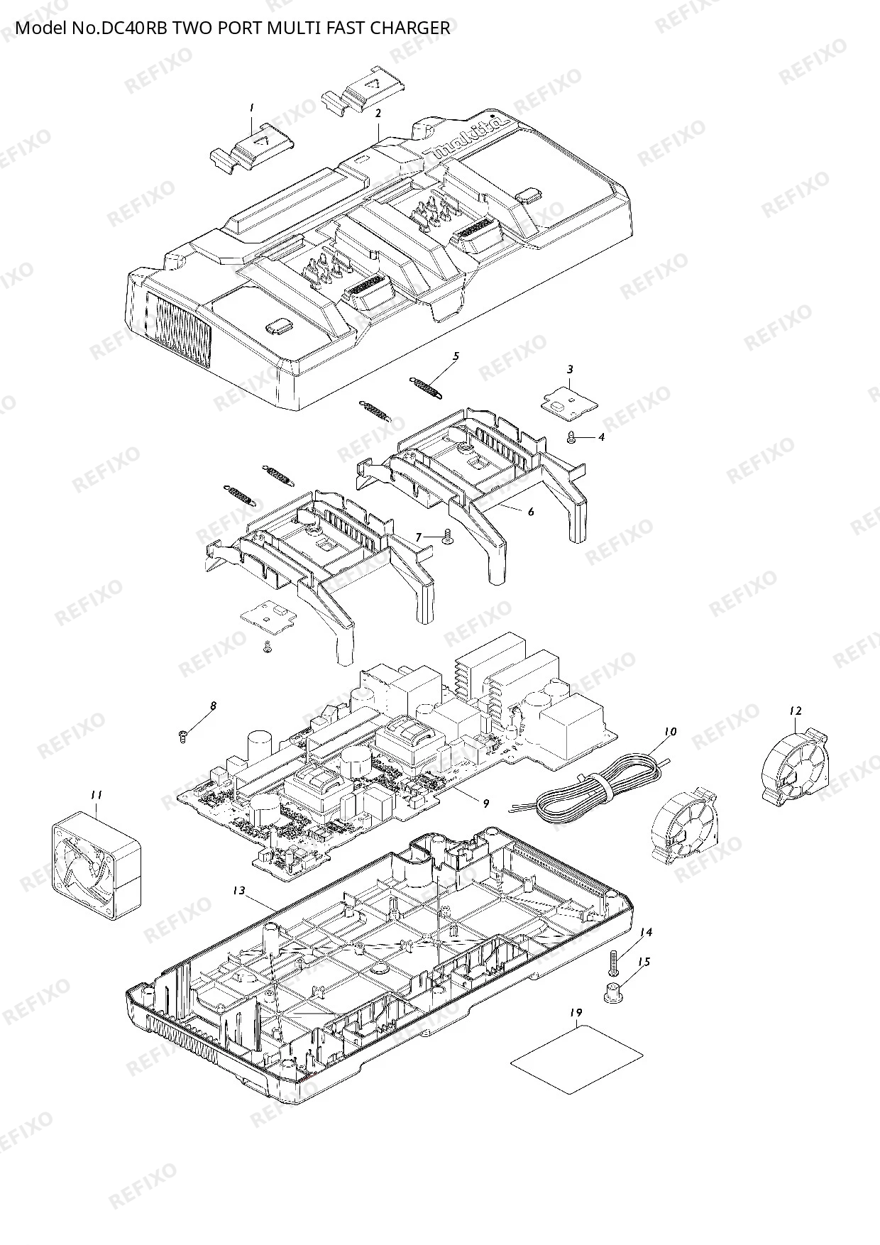Деталировка MAKITA DC40RB — схема запчастей в разборе