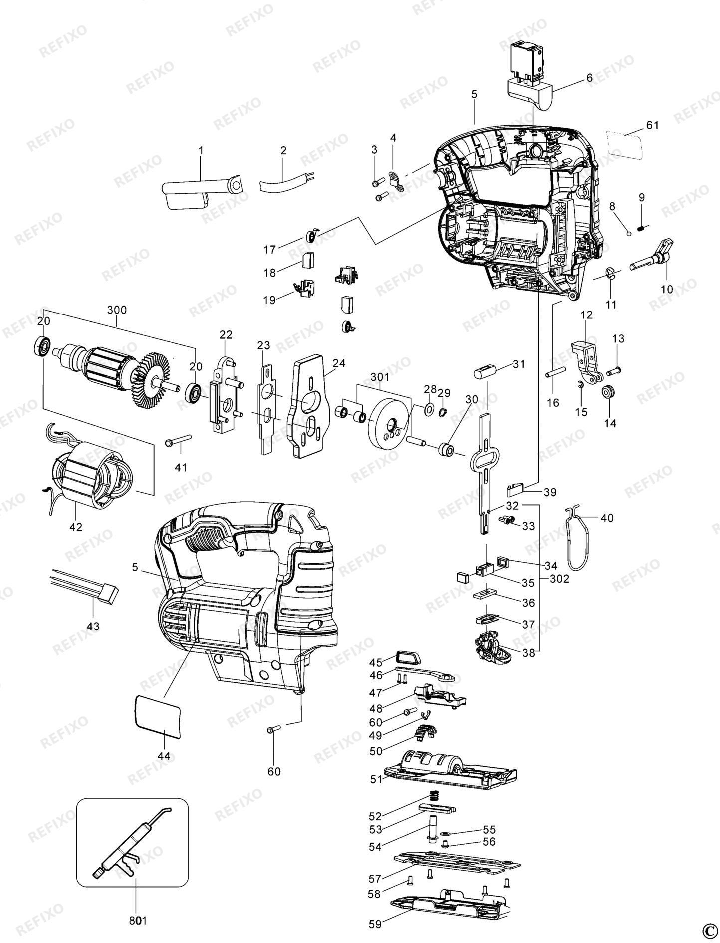 Деталировка DeWalt DWE249-XJ TYPE 1 лобзик DWE249-XJ DWE249 — схема запчастей в разборе