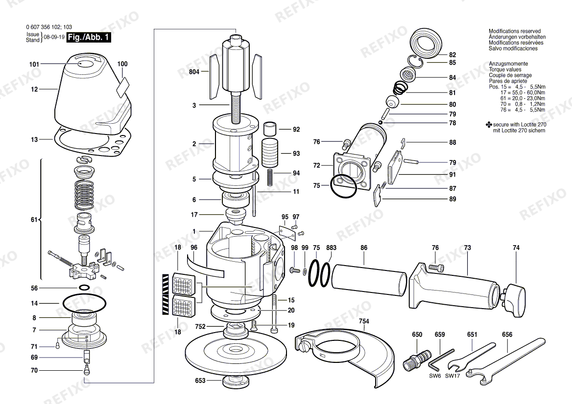 Деталировка Bosch Pw-Vertikalschleifer 3.5 KW (0 607 356 103) — схема запчастей в разборе