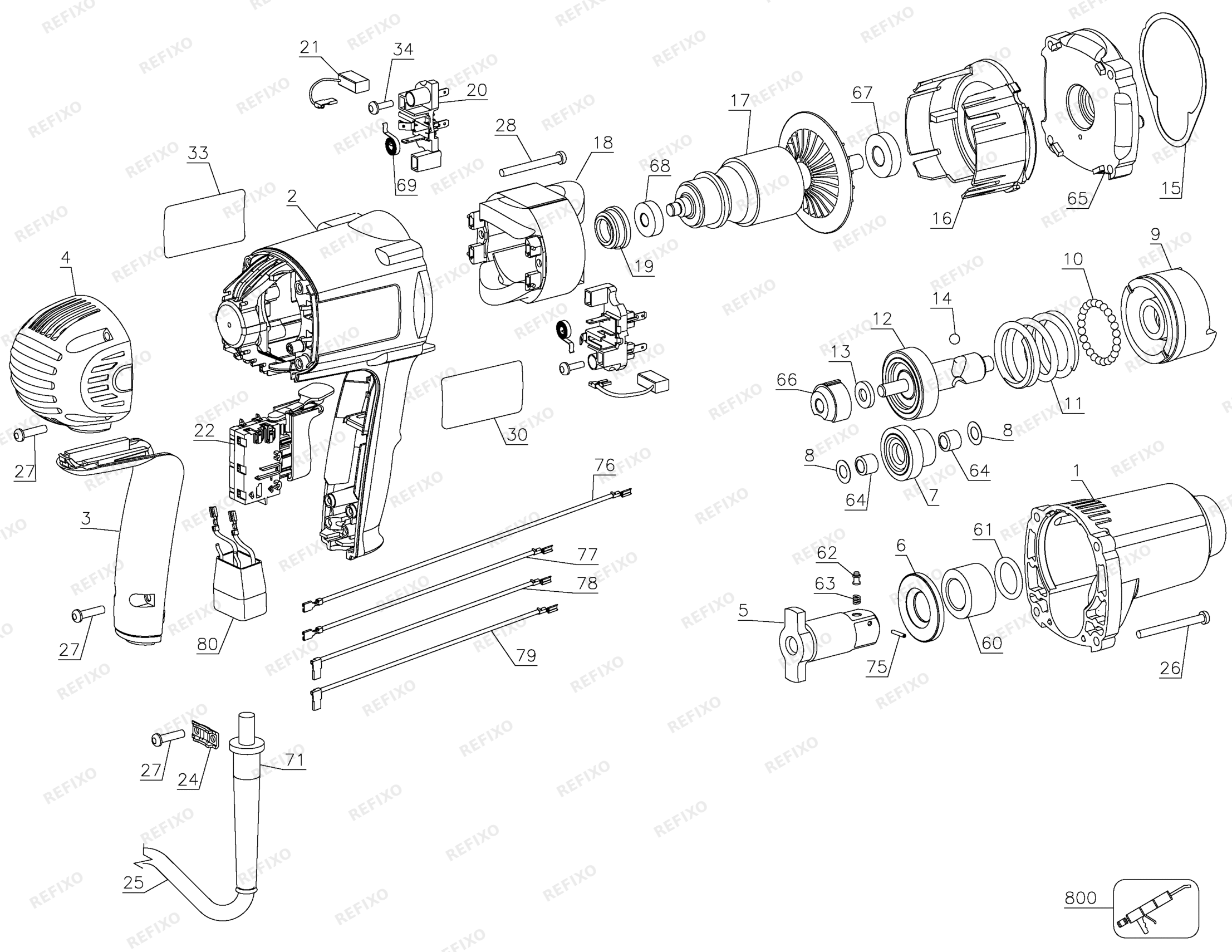 Деталировка DeWalt DW294-QS TYPE 1 34 IMPACT WRENCH DW294-QS DW294 — схема запчастей в разборе