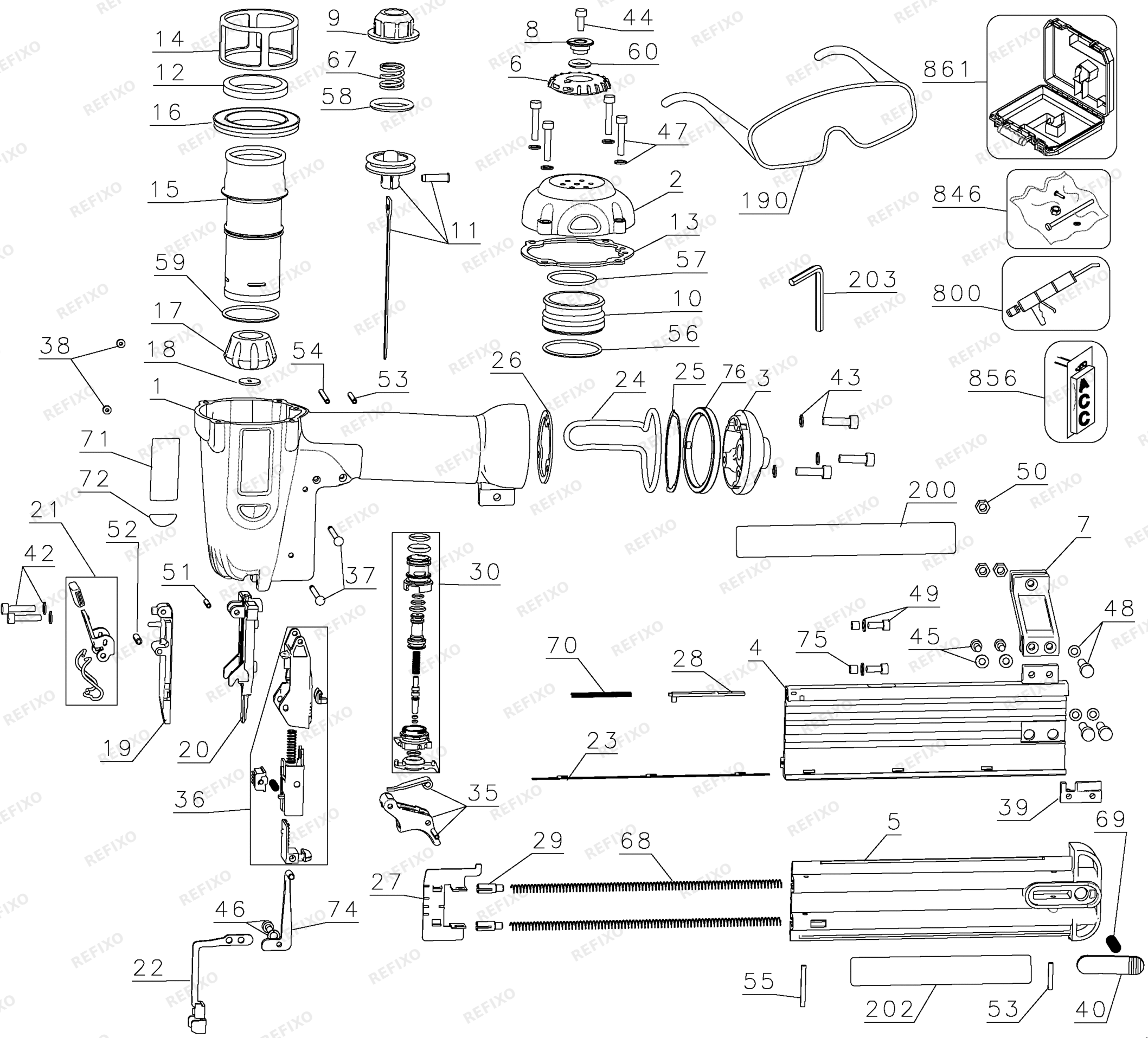 Деталировка DeWalt D51238K-XJ TYPE 1 50 mm Stauchkopf - Nagler D51238K-XJ D51238K — схема запчастей в разборе