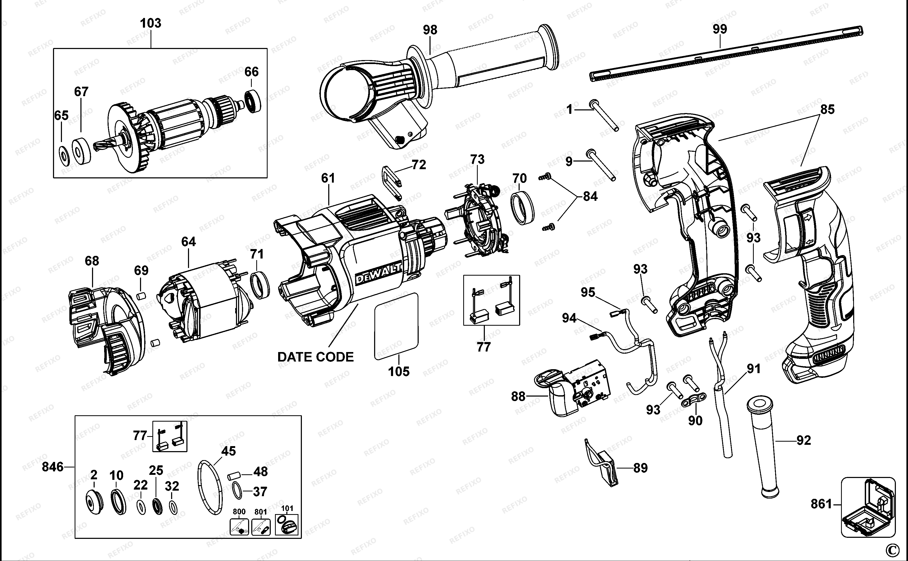 Деталировка DeWalt D25032 — схема запчастей в разборе