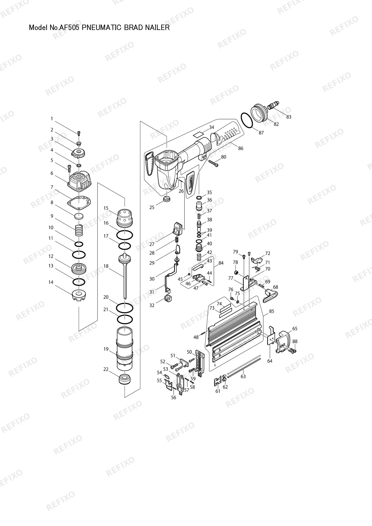 Деталировка MAKITA AF505 — схема запчастей в разборе