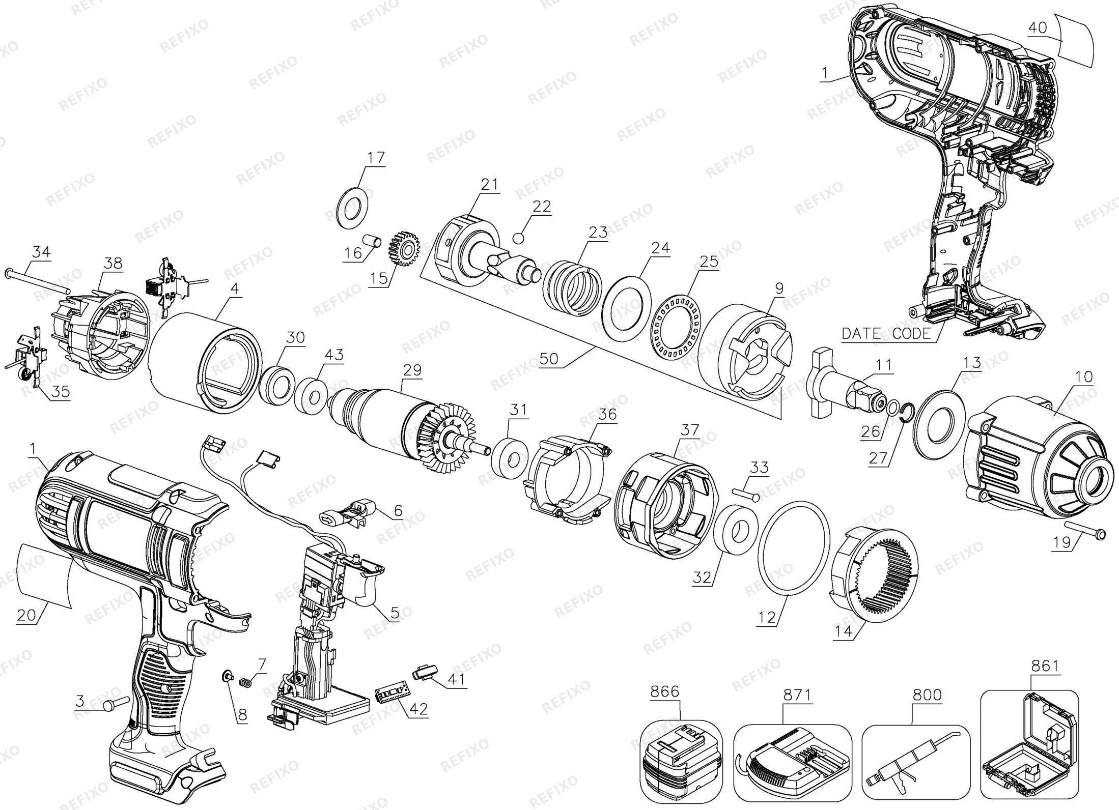 Деталировка DeWalt DCF889HKN-XJ TYPE 2 18V HR XR HT WRENCH KIT C DCF889HKN-XJ DCF889HKN — схема запчастей в разборе