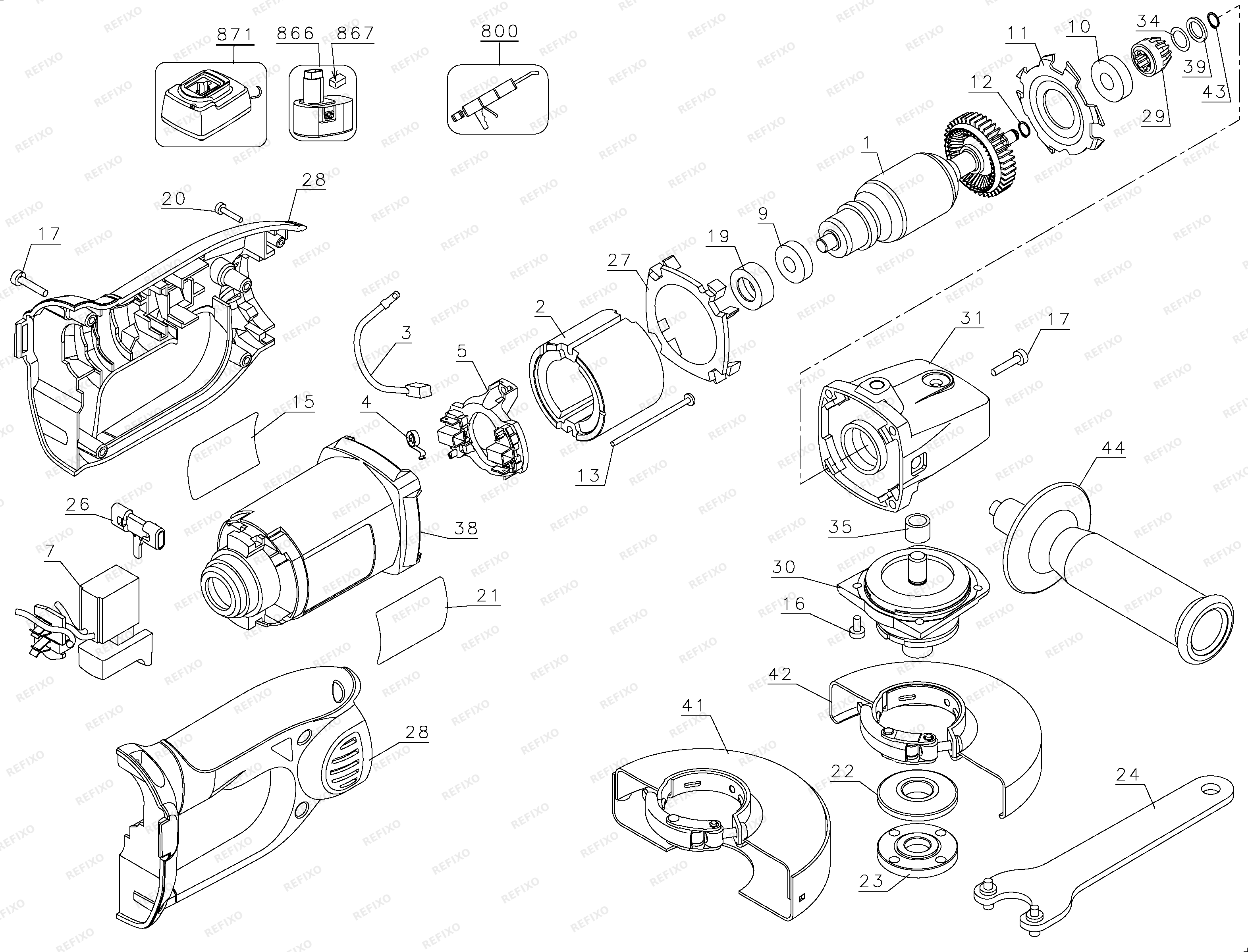 Деталировка DeWalt 4-1 / 2 ОТРЕЗНОЙ ИНСТРУМЕНТ DC410KA — схема запчастей в разборе