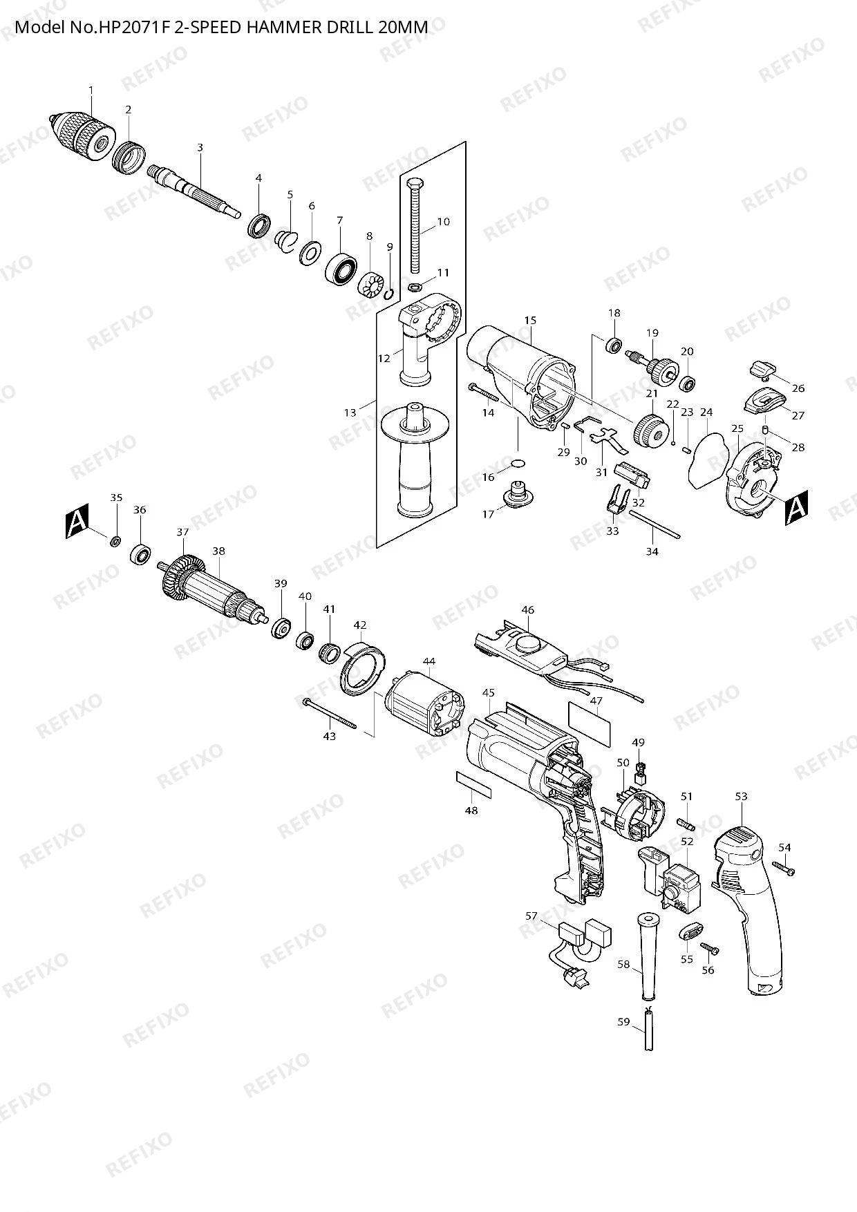 Деталировка MAKITA HP2071F — схема запчастей в разборе
