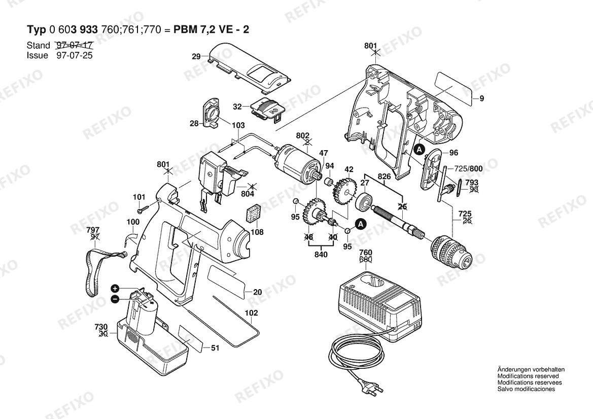 Деталировка Bosch Hw- аккумуляторный - дрель PBM 7,2 VE-2 | 7.2 V | 061 - US (0 603 933 761) — схема запчастей в разборе