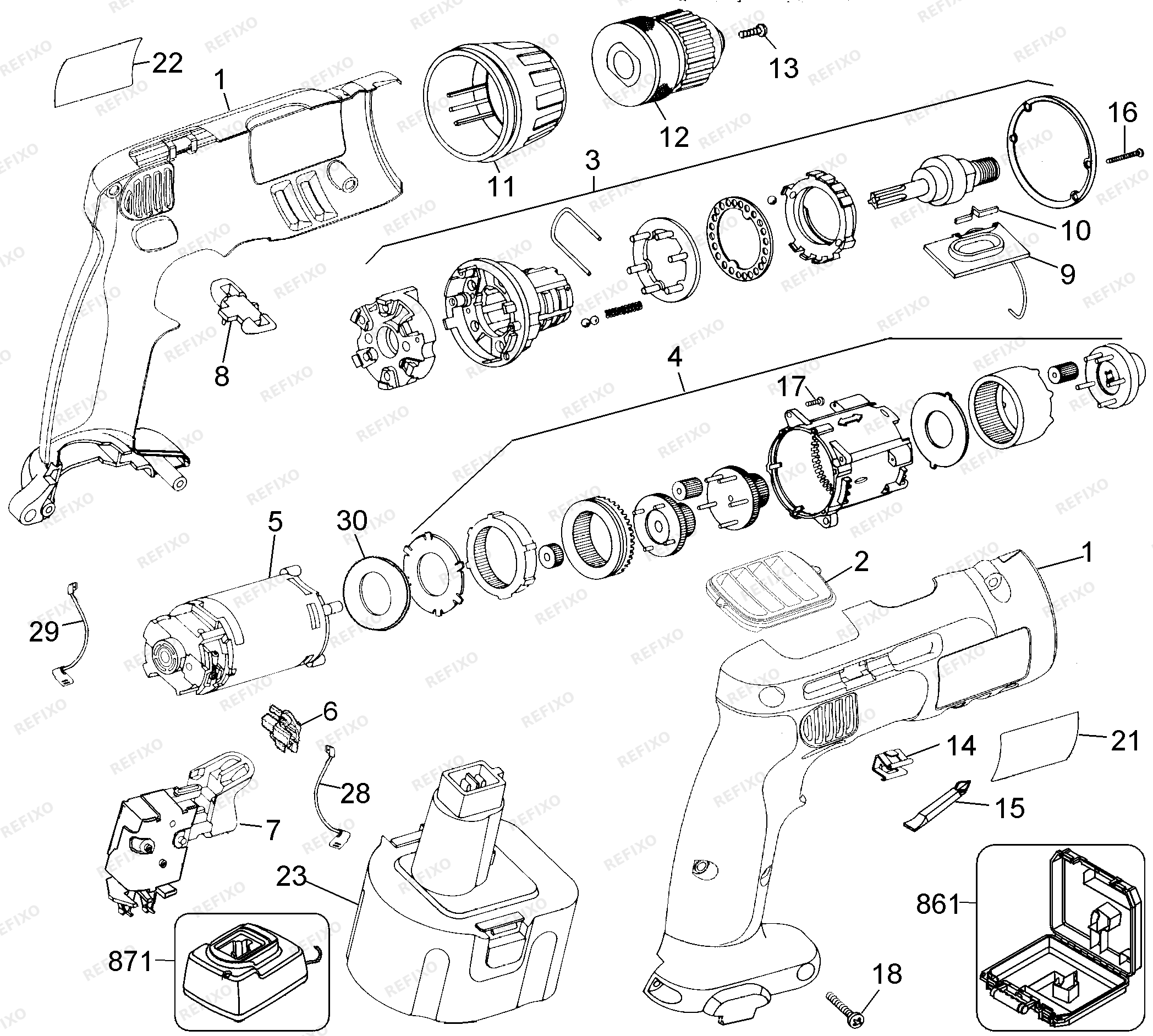Деталировка DeWalt DW961K2-QW TYPE 1 аккумуляторный - дрель DW961K2-QW DW961K2 — схема запчастей в разборе