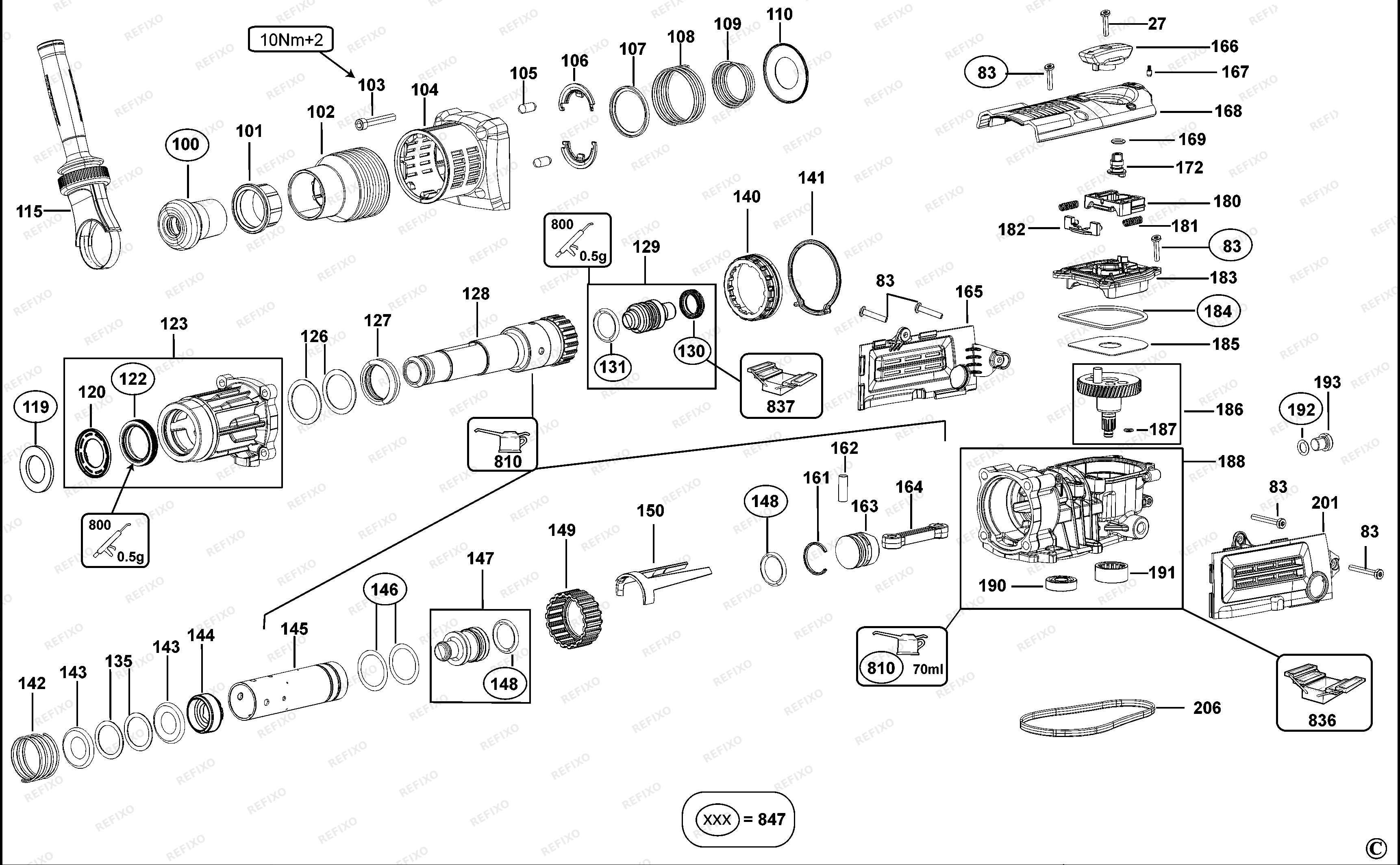 Деталировка DeWalt ОТБОЙНЫЙ МОЛОТОК D25820K — схема запчастей в разборе