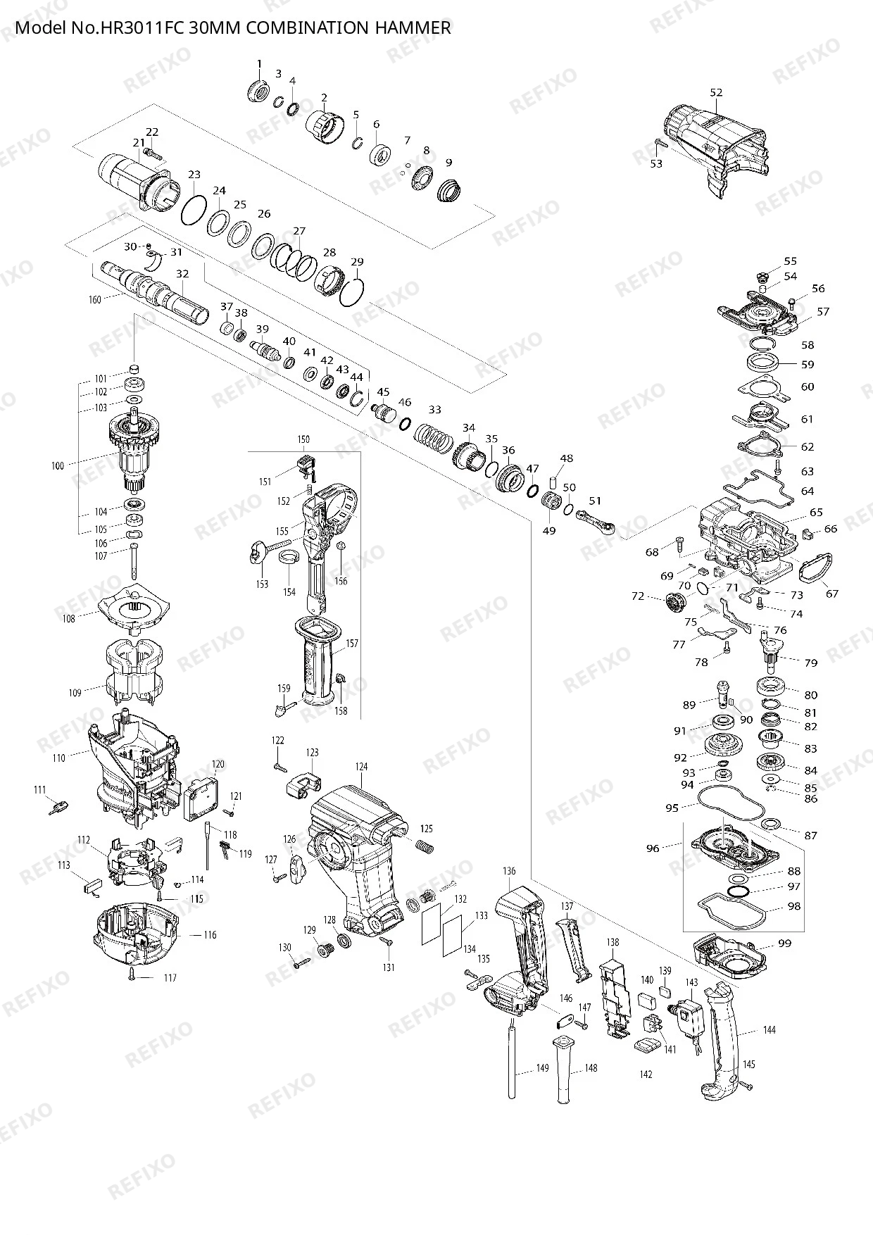 Деталировка MAKITA HR3011FC — схема запчастей в разборе