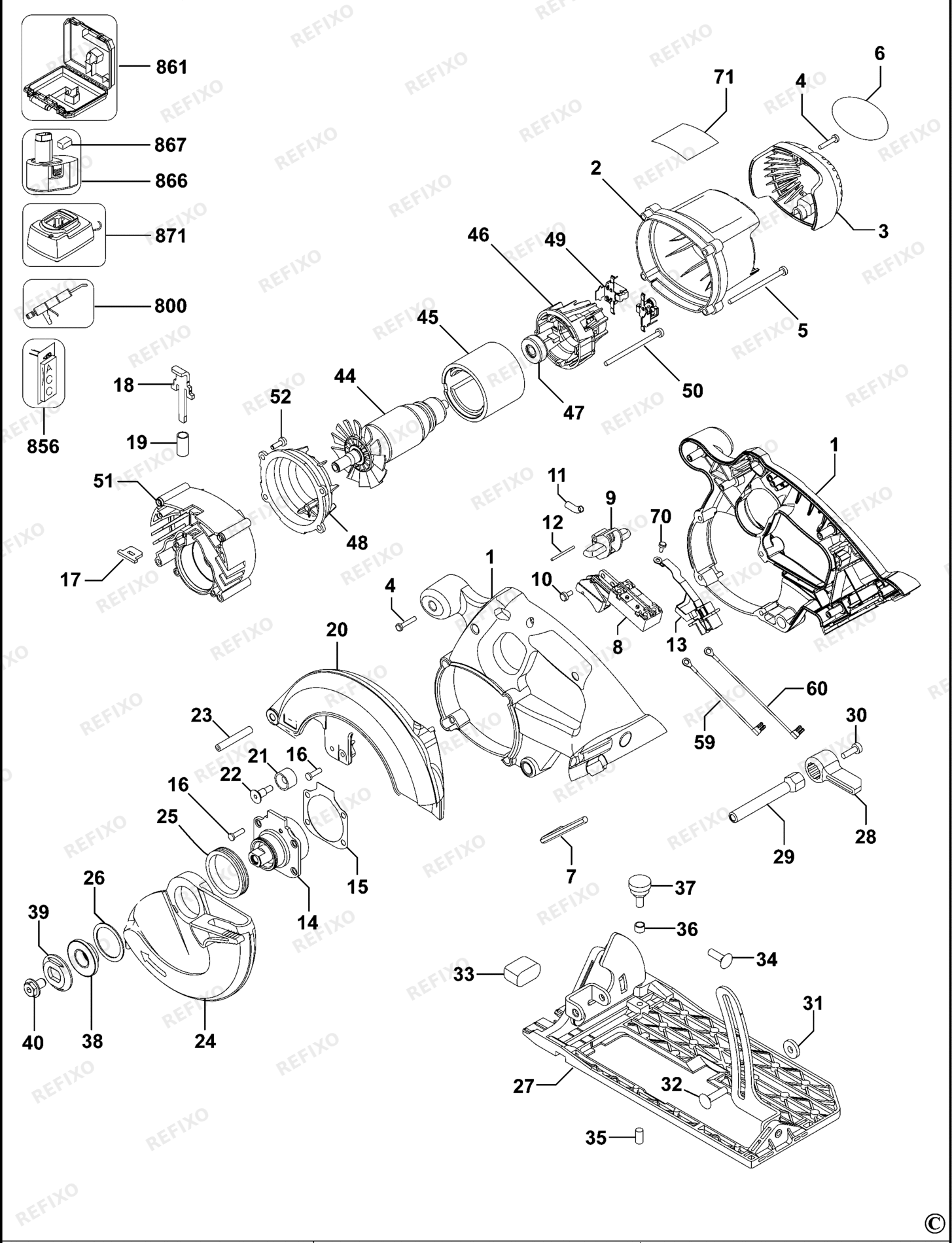 Деталировка DeWalt DC390K-XJ TYPE 1 - XE CORDLESS CIRCULAR SAW DC390K-XJ DC390K — схема запчастей в разборе