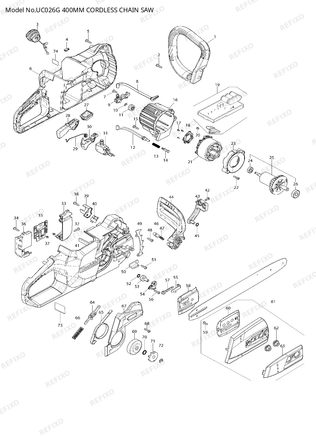 Деталировка MAKITA UC026G — схема запчастей в разборе