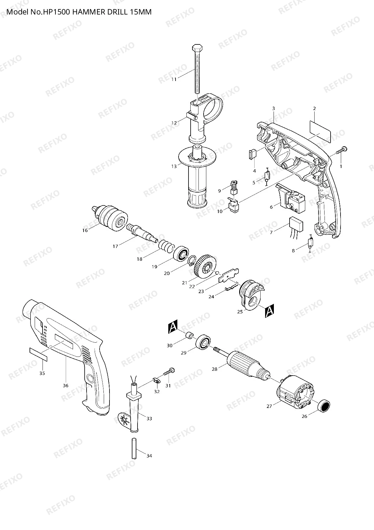 Деталировка MAKITA HP1500 — схема запчастей в разборе