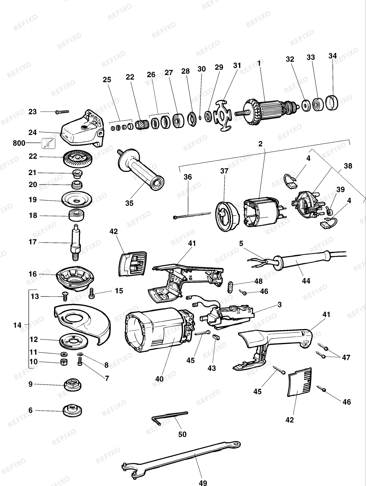 Деталировка DeWalt DW499-QS TYPE 2 угловая шлифмашина DW499-QS DW499 — схема запчастей в разборе