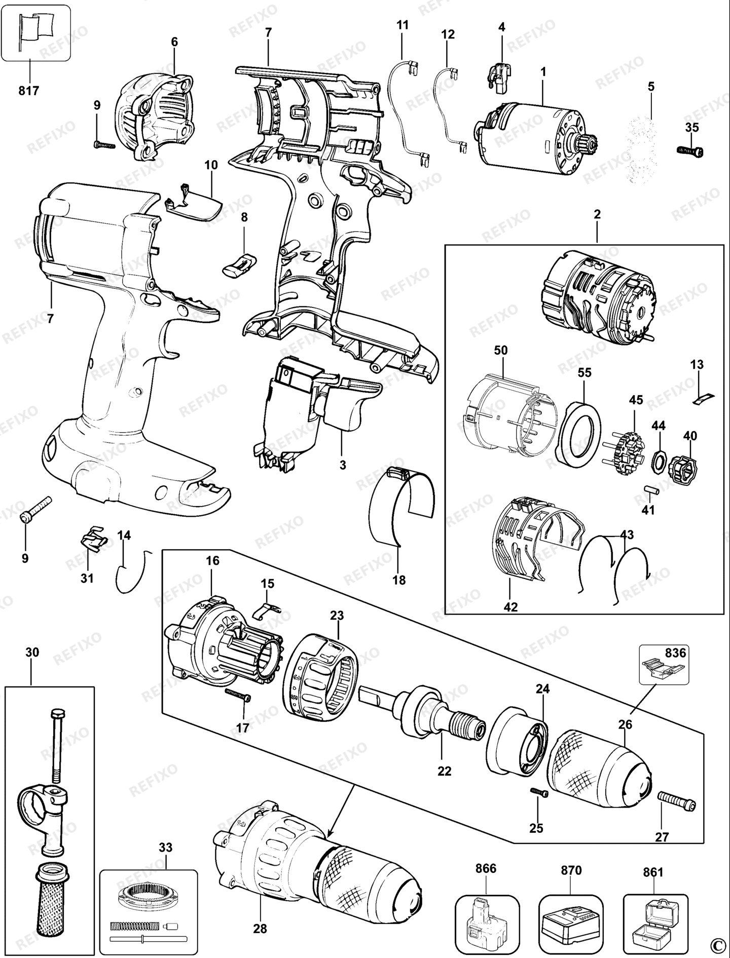 Деталировка DeWalt DC930K-QW TYPE 10 аккумуляторный - дрель DC930K-QW DC930K — схема запчастей в разборе