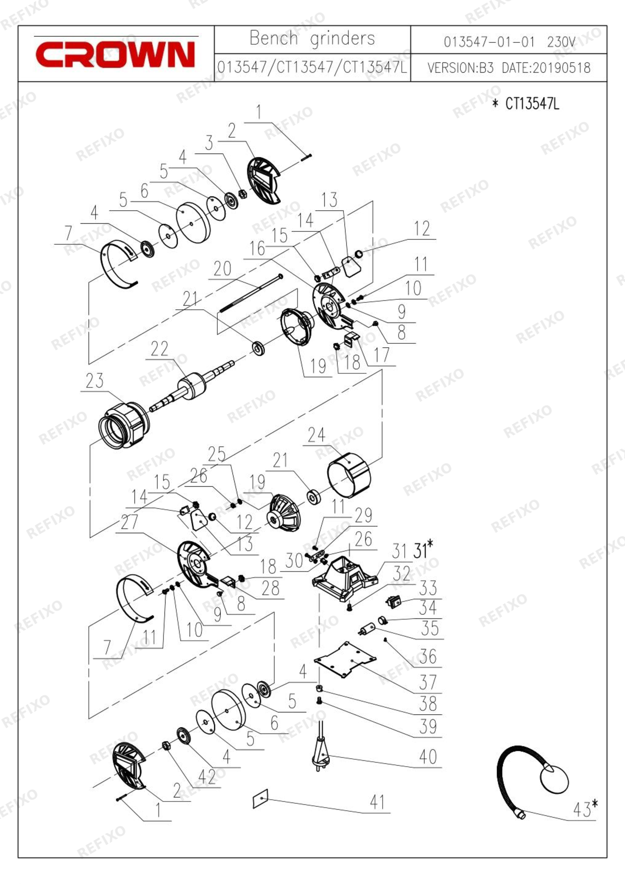 Деталировка CROWN CT13547L — схема запчастей в разборе