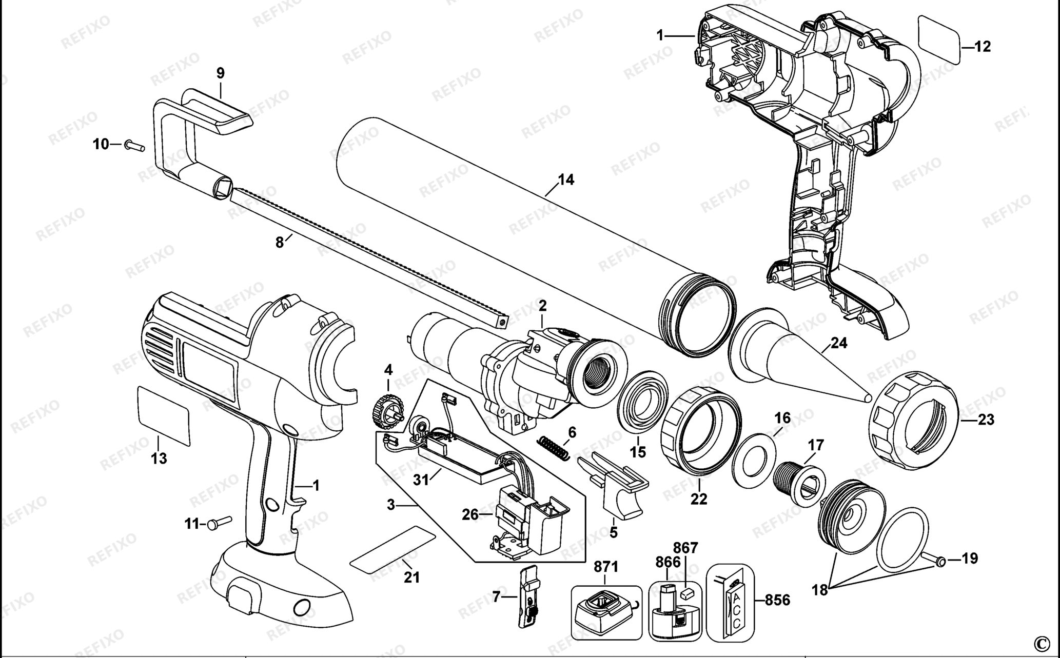 Деталировка DeWalt DC547-XJ TYPE 2 KARTUSCHENPISTOLE DC547-XJ DC547 — схема запчастей в разборе