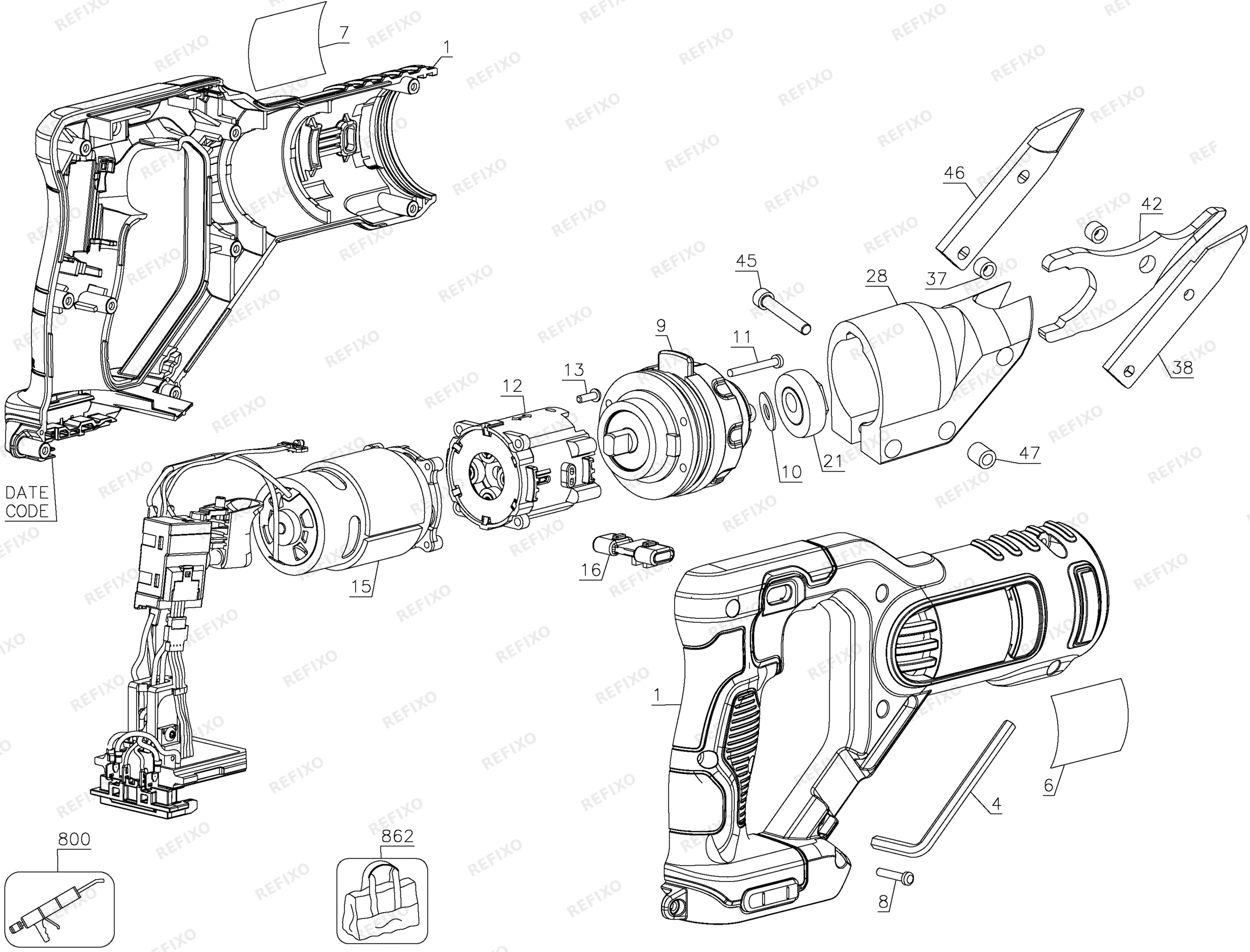Деталировка DeWalt DCS491N-XJ TYPE 1 18V XR SWIVEL HEAD SHEAR DCS491N-XJ DCS491N — схема запчастей в разборе