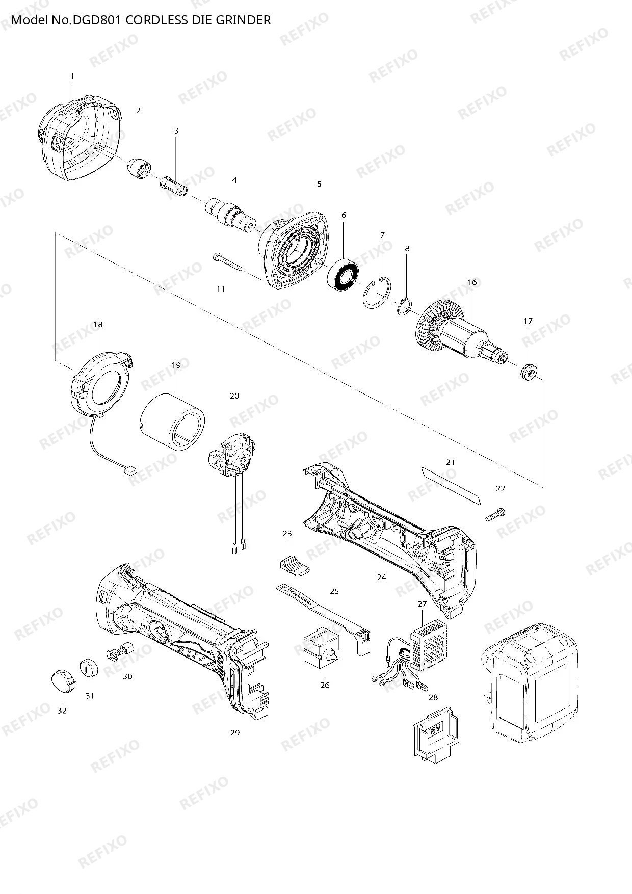 Деталировка MAKITA DGD801 — схема запчастей в разборе