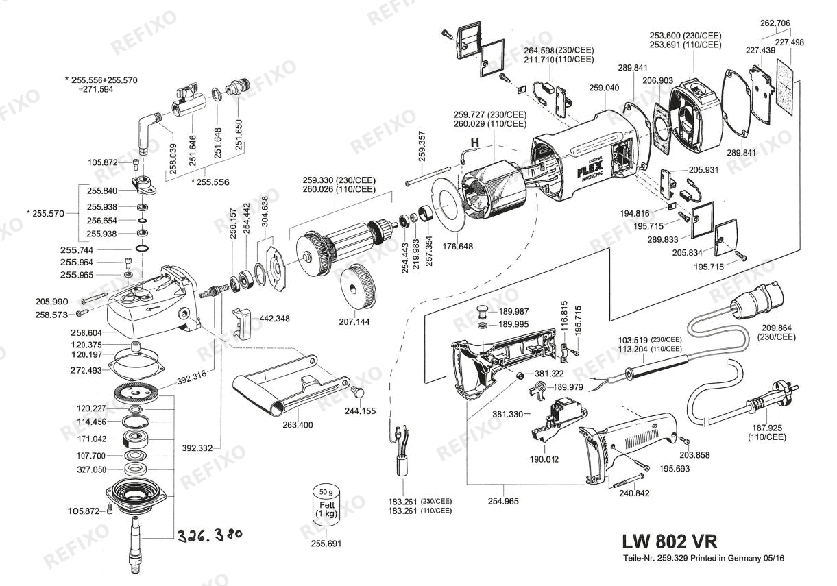 Деталировка Flex LW 802 VR 230CEE — схема запчастей в разборе