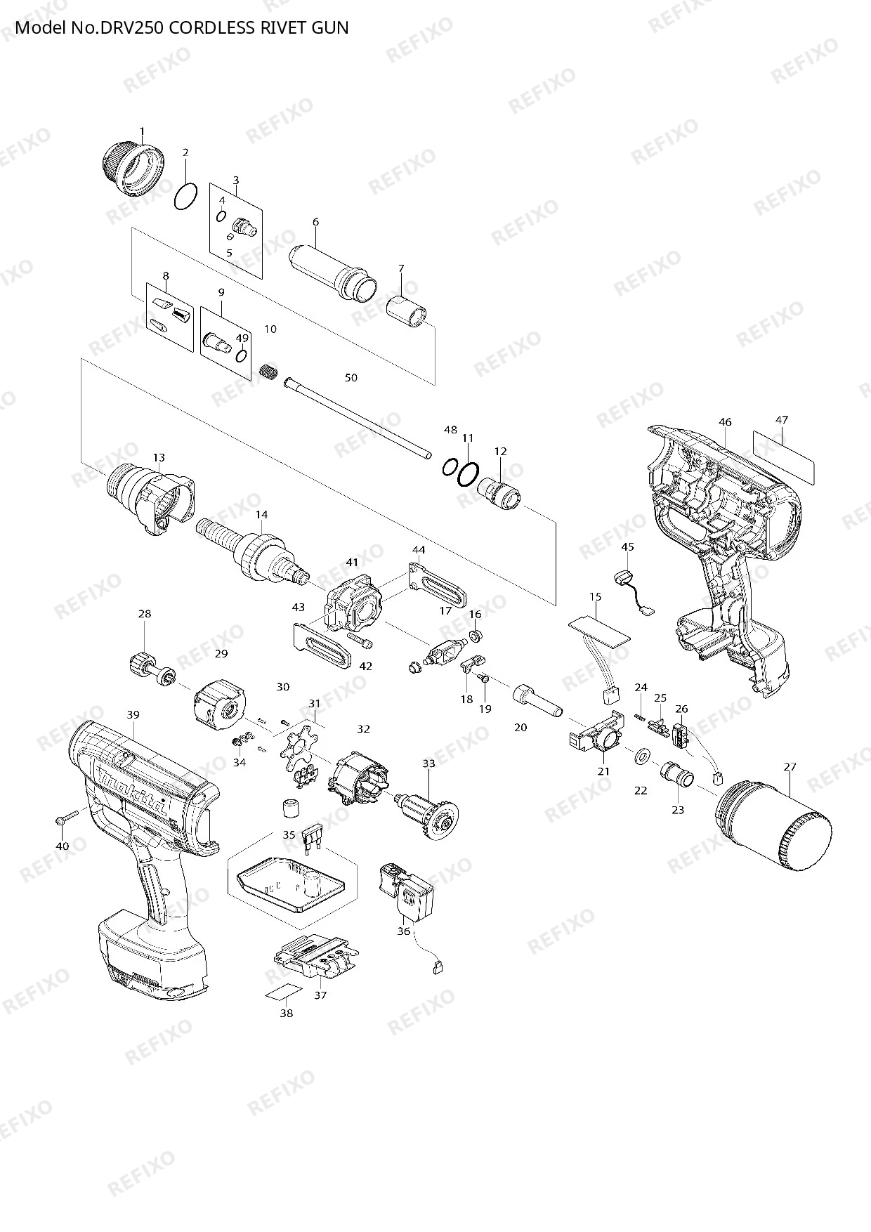 Деталировка MAKITA DRV250 — схема запчастей в разборе