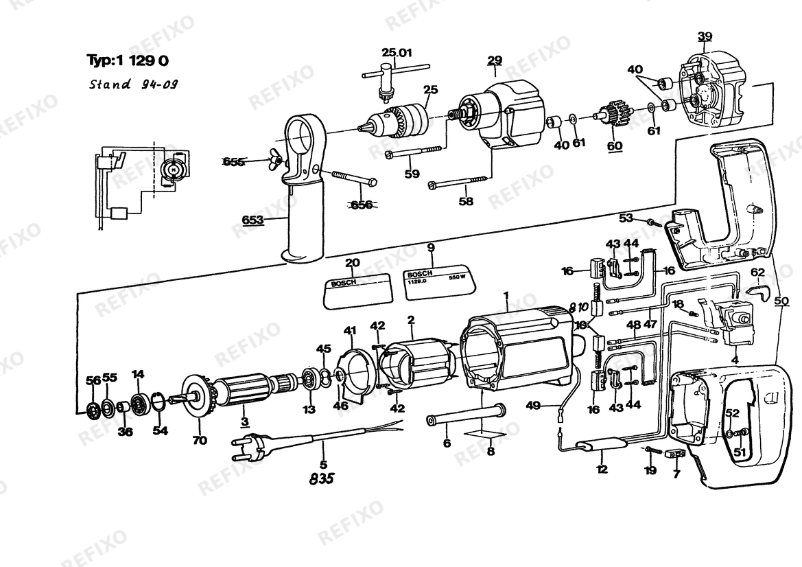 Деталировка Bosch Дрель Drill | 100 V | 006 - JP (0 601 129 038) — схема запчастей в разборе