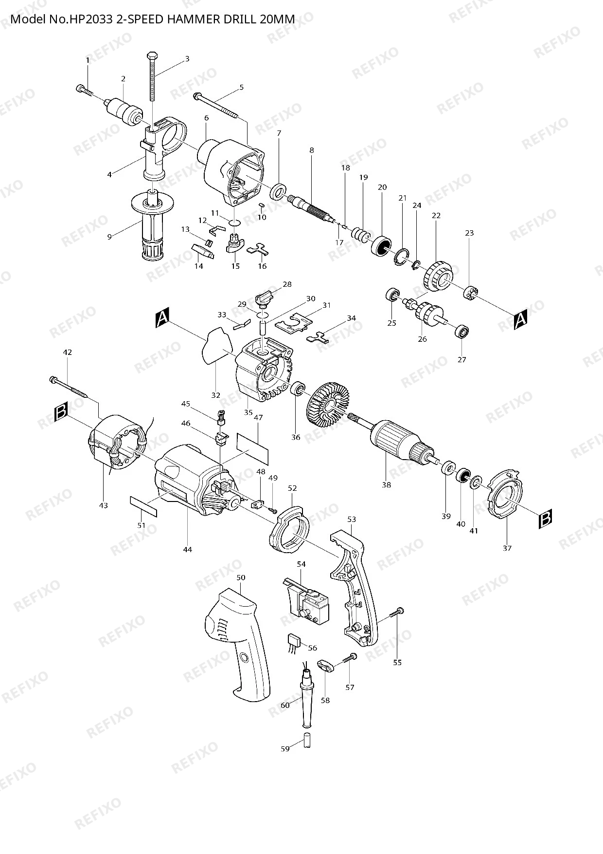 Деталировка MAKITA HP2033 — схема запчастей в разборе