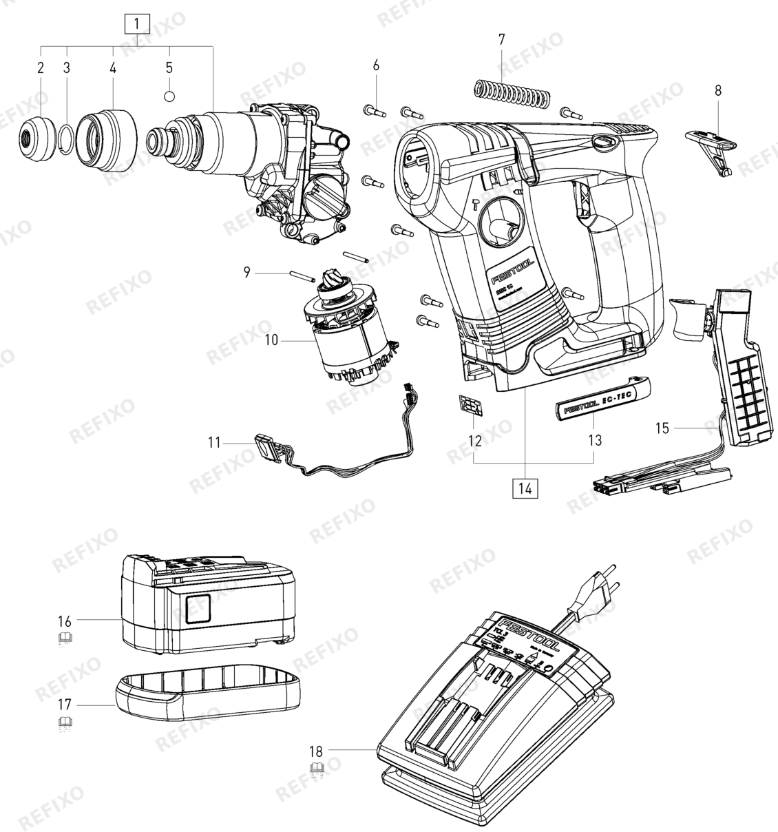 Деталировка Festool BHC 18 - Akkubohrhammer 499818 — схема запчастей в разборе