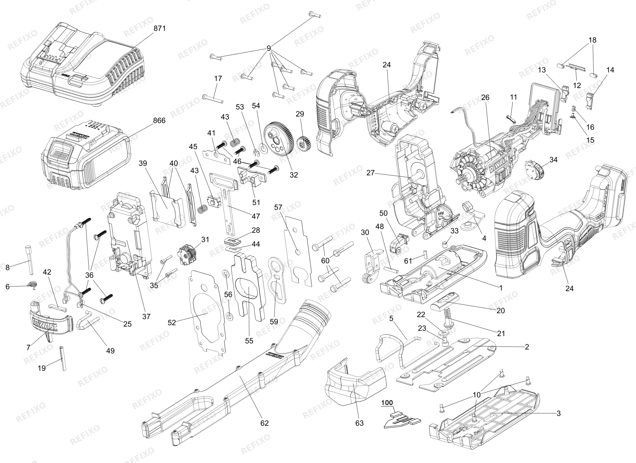 Деталировка DeWalt DCS335N-XJ TYPE 1 XR 18V BL JIGSAW BG BARE DCS335N-XJ DCS335N — схема запчастей в разборе