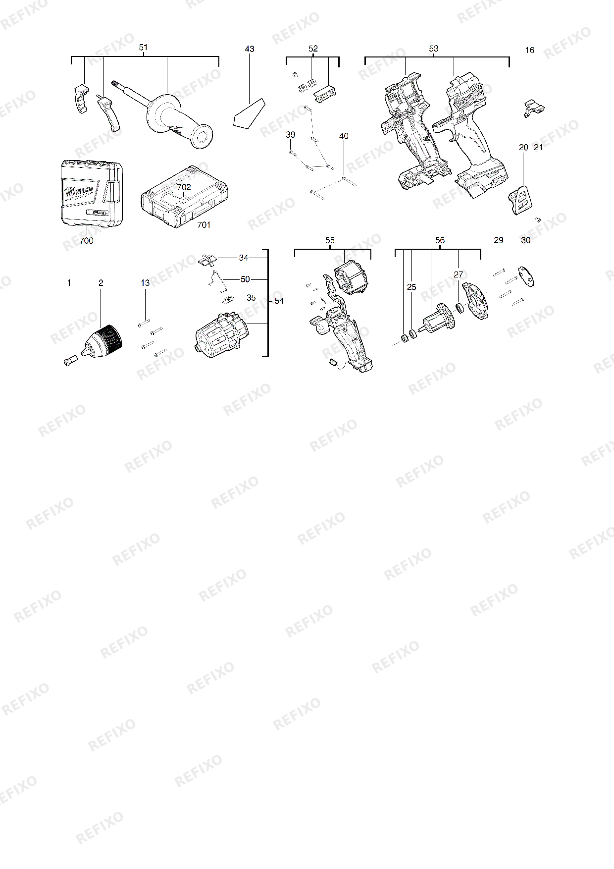 Деталировка MILWAUKEE M18FPD2 0X 4933464263 4000469114 — схема запчастей в разборе
