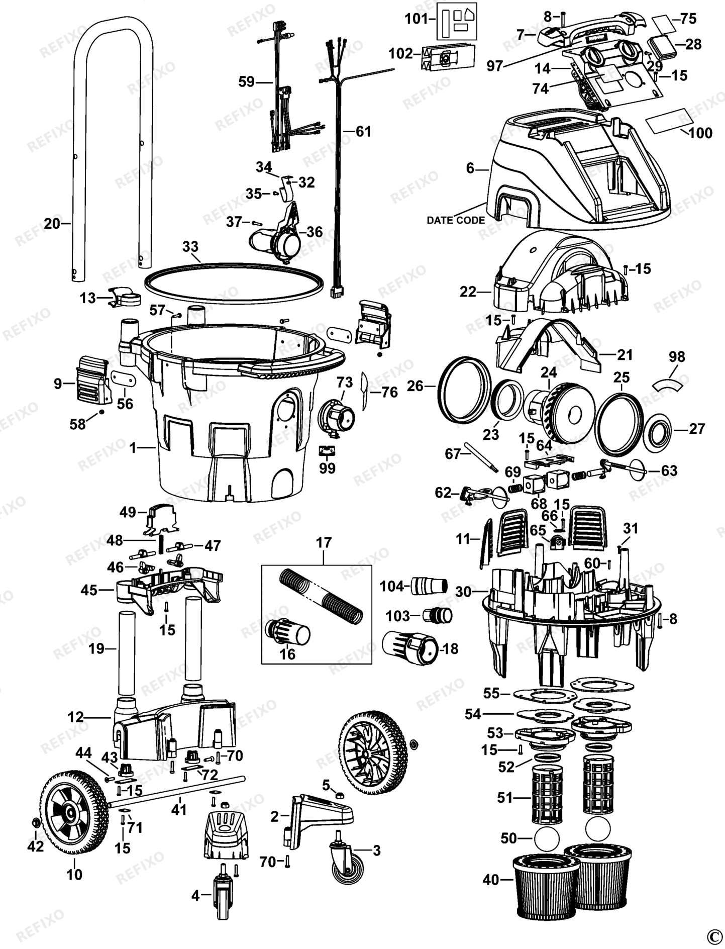 Деталировка DeWalt DWV902L-LX TYPE 1 STAUBABSAUGER DWV902L-LX DWV902L — схема запчастей в разборе