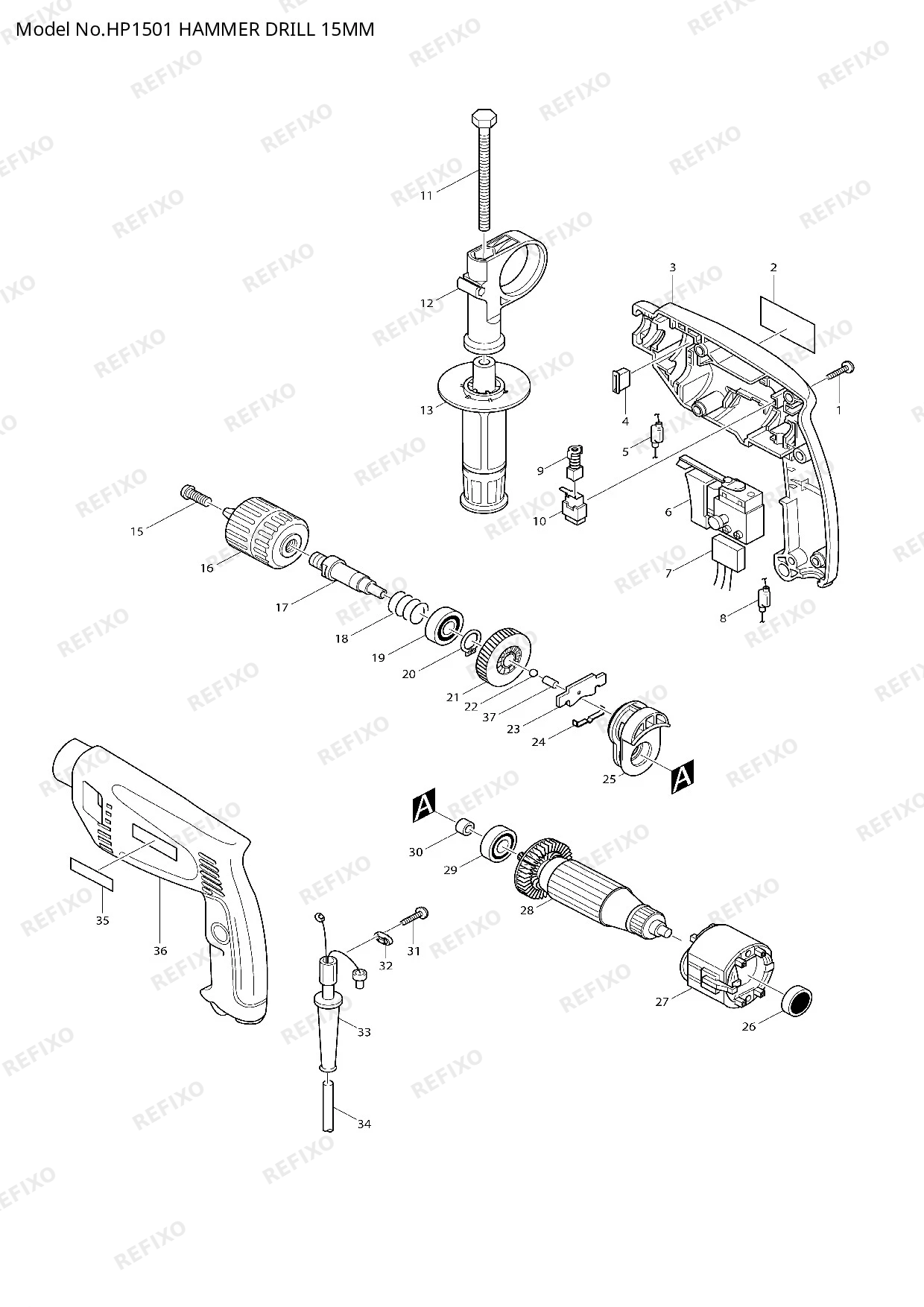 Деталировка MAKITA HP1501 — схема запчастей в разборе