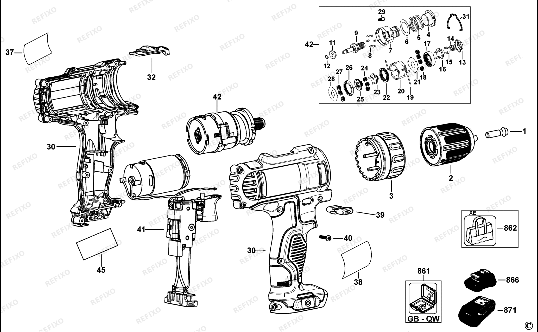 Деталировка DeWalt DCD710-XA TYPE 4 аккумуляторный - дрель DCD710-XA DCD710 — схема запчастей в разборе