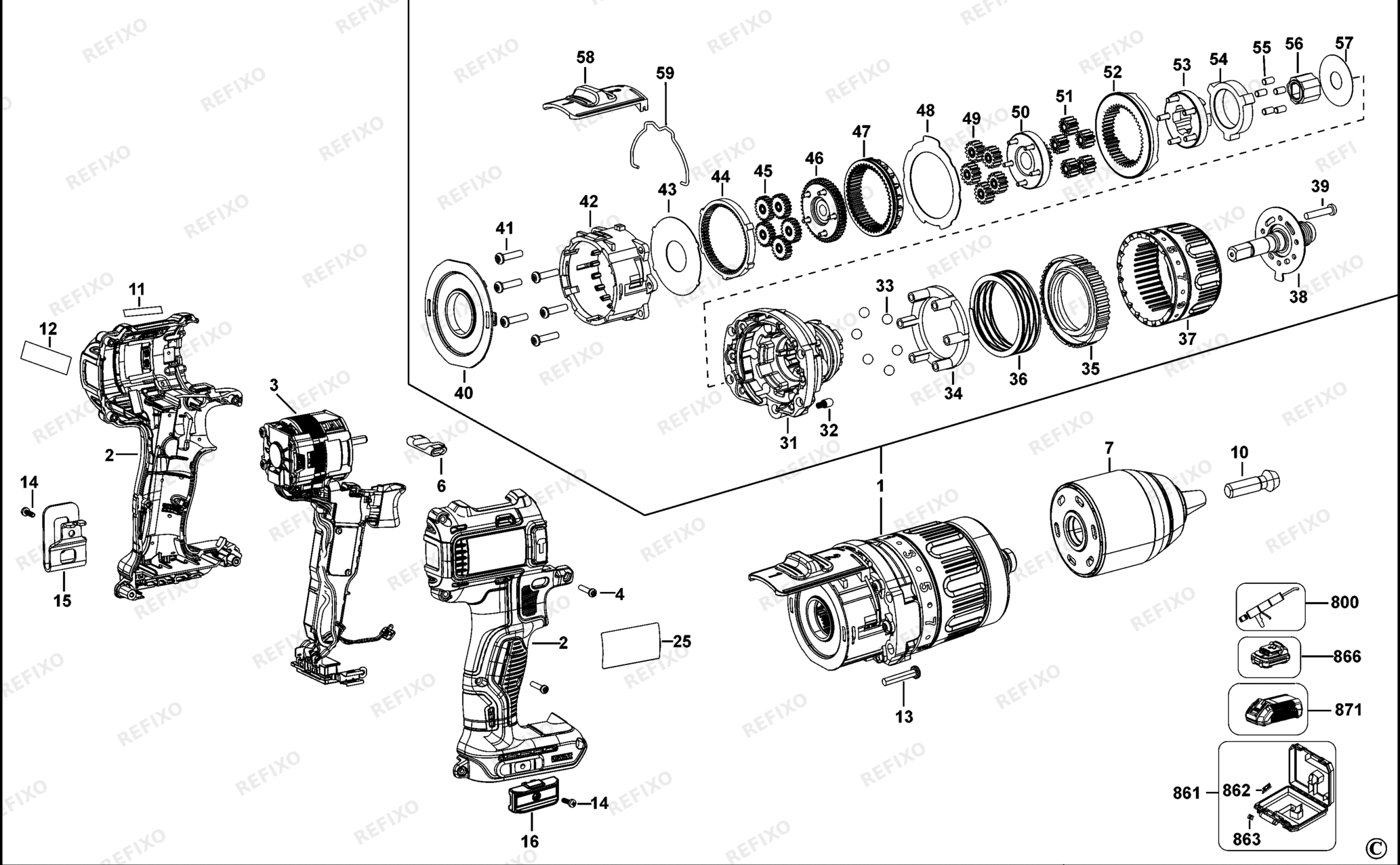 Деталировка DeWalt DCD732-QW TYPE 10 аккумуляторный - дрель DCD732-QW DCD732 — схема запчастей в разборе