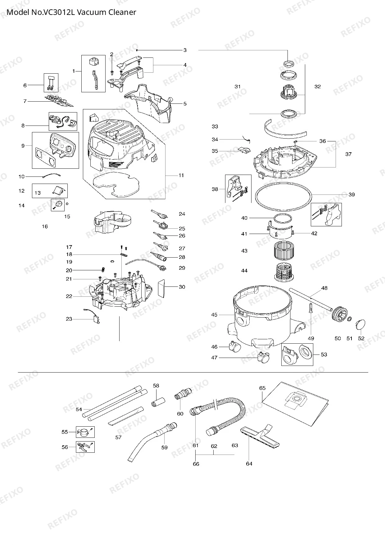 Деталировка MAKITA VC3012L — схема запчастей в разборе