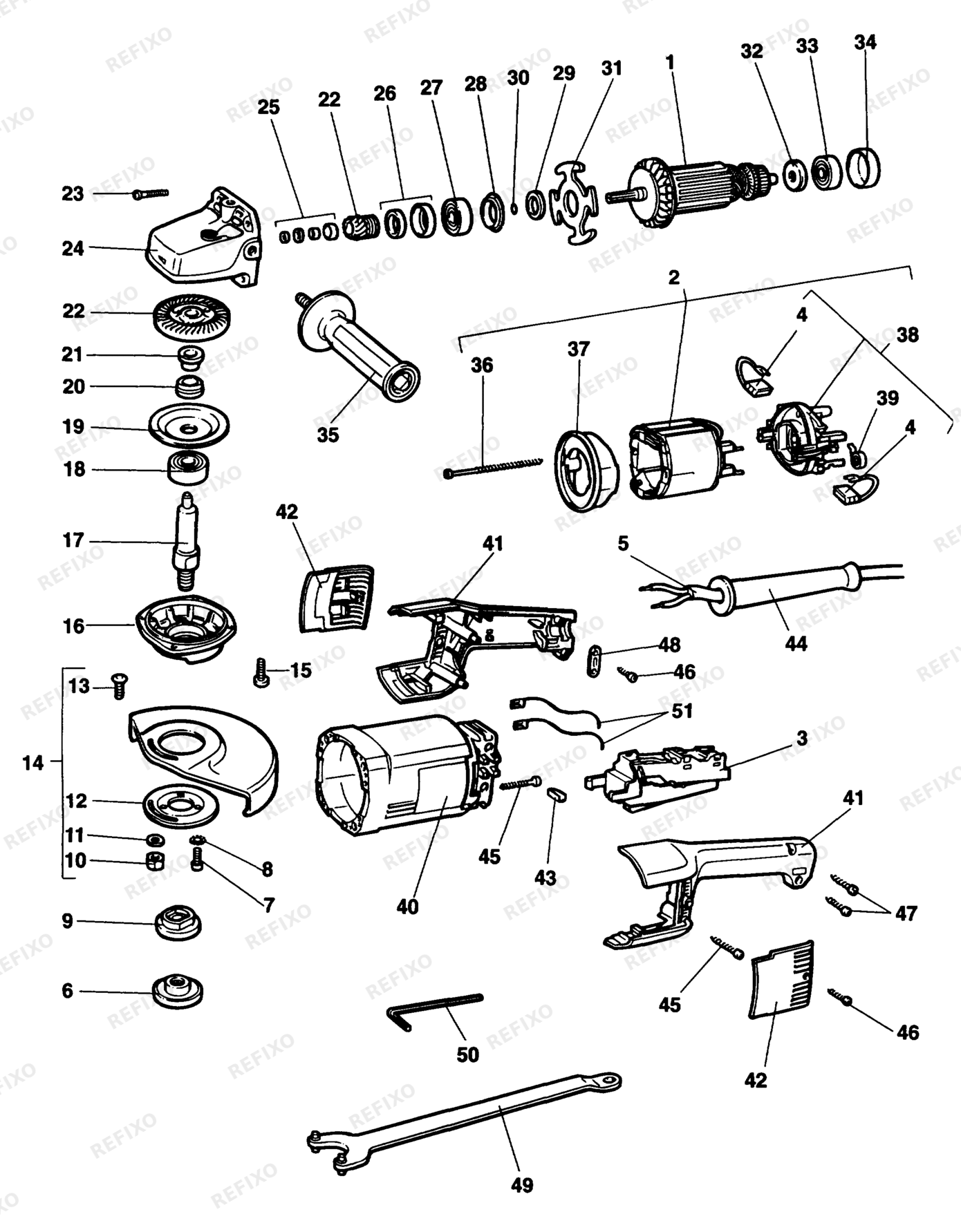 Деталировка DeWalt DW852-DE TYPE 1 угловая шлифмашина DW852-DE DW852 — схема запчастей в разборе