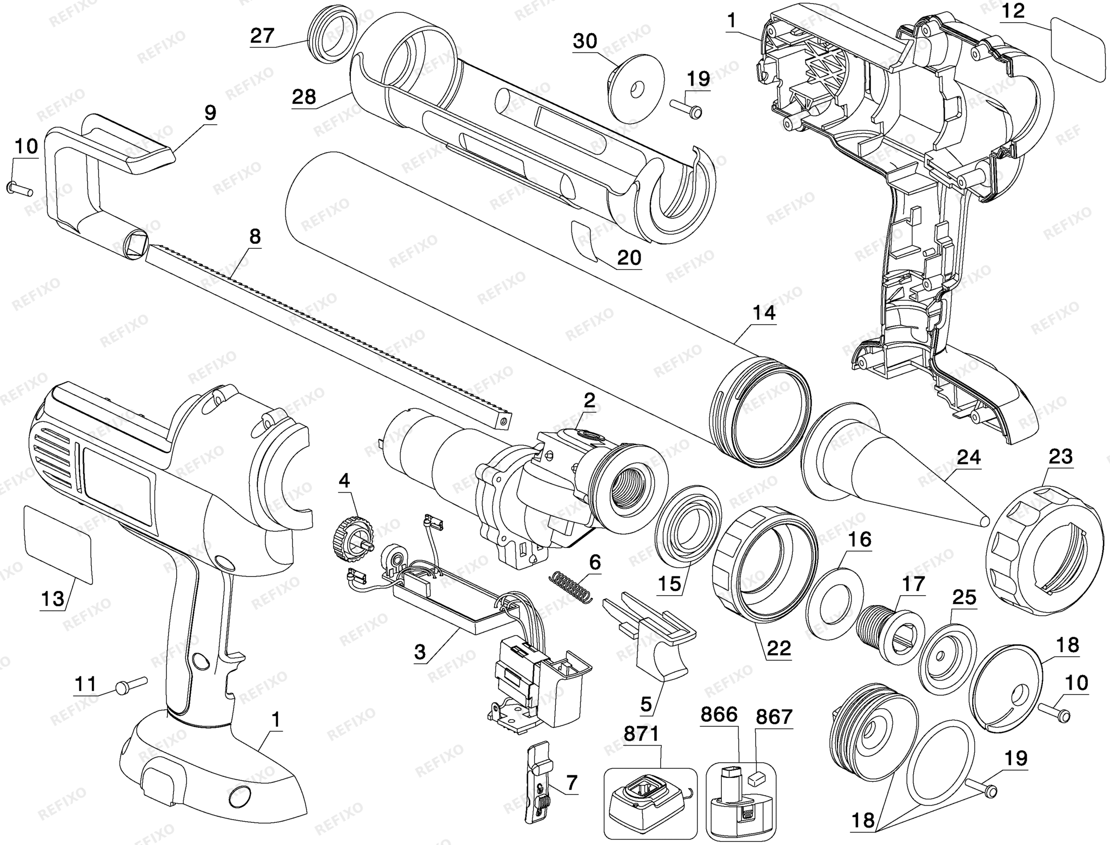 Деталировка DeWalt DC542-XJ TYPE 1 KARTUSCHENPISTOLE DC542-XJ DC542 — схема запчастей в разборе