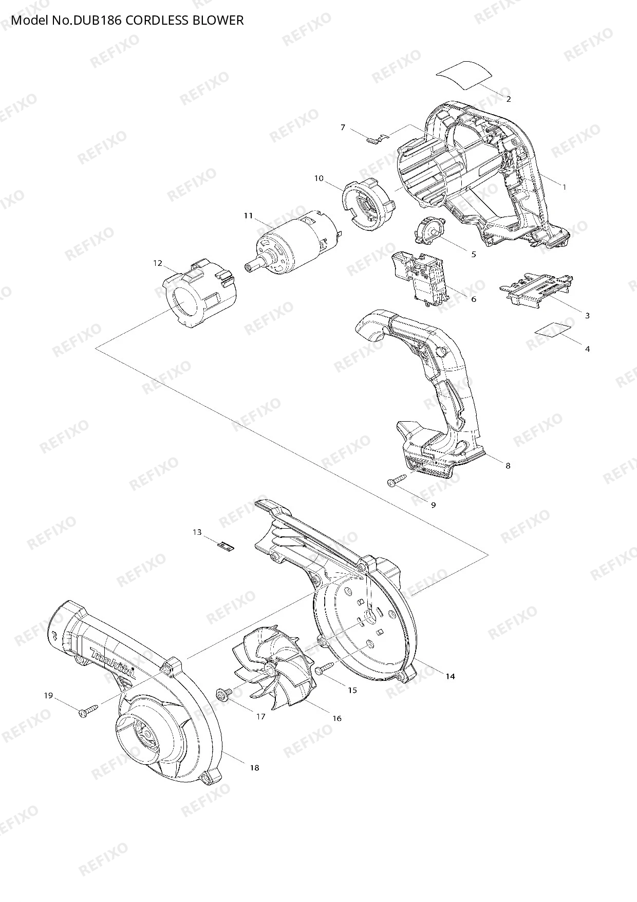 Деталировка MAKITA DUB186 — схема запчастей в разборе