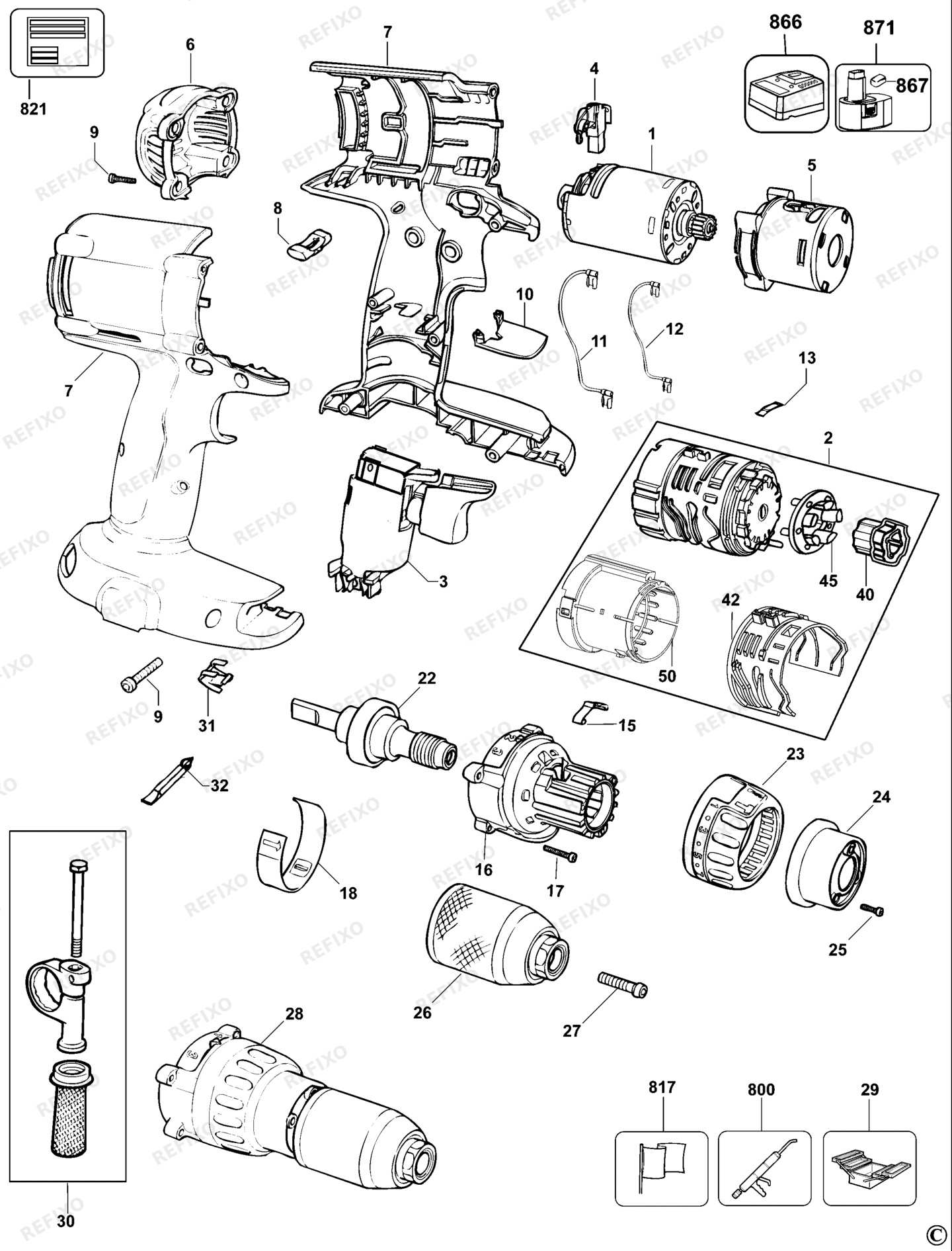 Деталировка DeWalt DC987K-QW TYPE 11 аккумуляторный - дрель DC987K-QW DC987K — схема запчастей в разборе