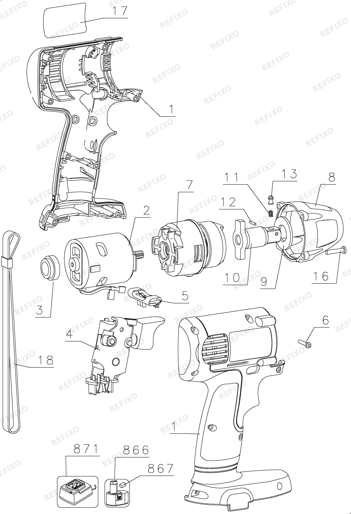 Деталировка DeWalt DW053KH-QW TYPE 1 12V IMPACT WRENCH DW053KH-QW DW053KH — схема запчастей в разборе