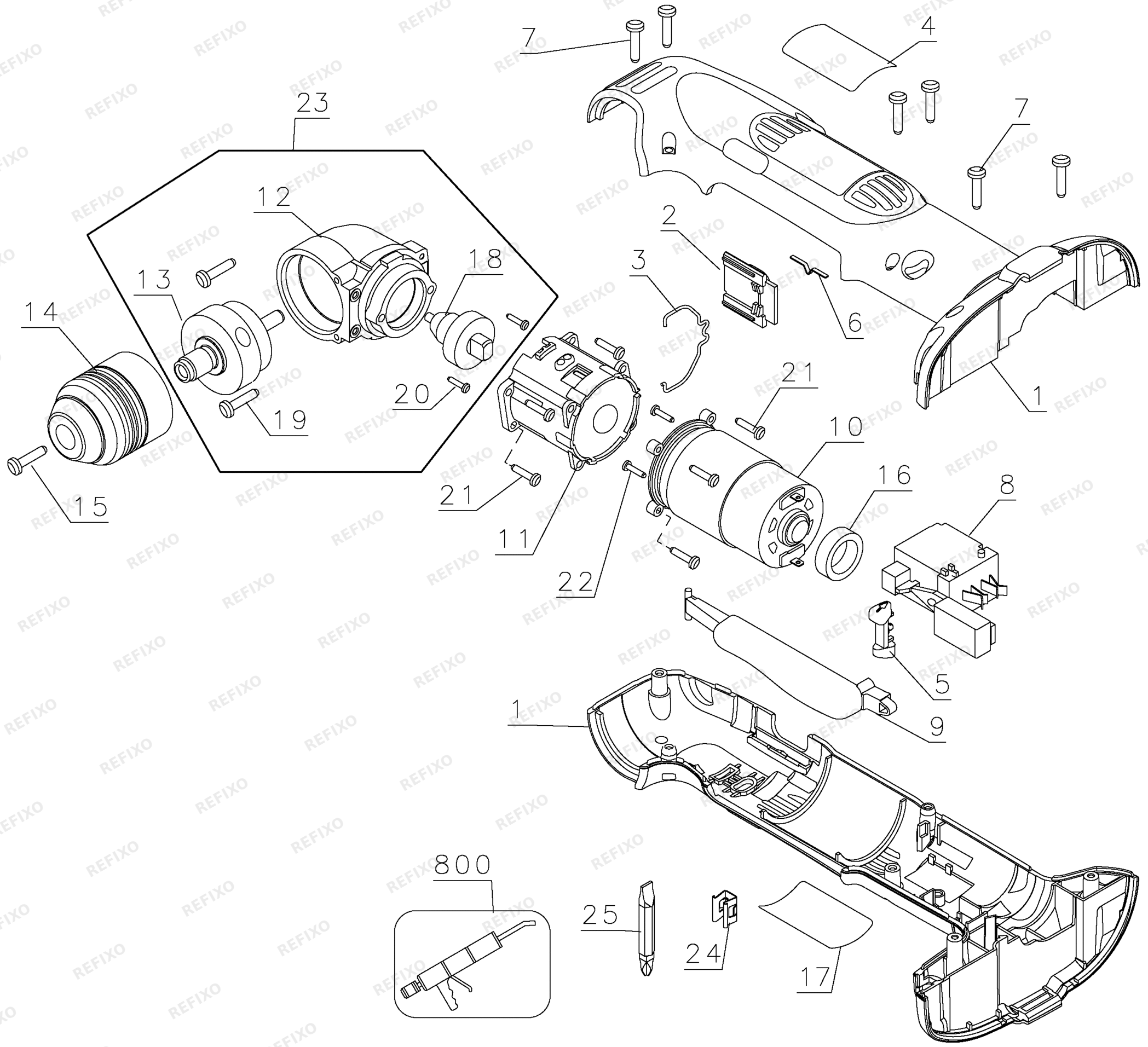 Деталировка DeWalt DW960-XJ TYPE 2 RIGHT ANGLE DRILL DW960-XJ DW960 — схема запчастей в разборе